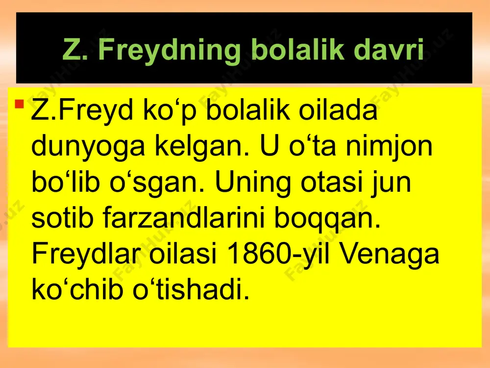 lari?! eksperimental nevroz?! l.s. vigotskiy – psixoanaliz psixologiyaning rivojlanishiga faqat to‘sqinlik qiladi! yevropada marksizm ta'limoti?! pavlov va freyd pavlov: “eksperimental nevrozlar haqida ta'limot yaratilishiga freydning fikrlari turtki bo‘ldi? qiz - kasal ota – nevroz – o‘lim – ziddiyatlar yechimi; tormozlanish va qo‘zg‘alish jarayonlari! ular uchrashmagan! © z.ibodulayev. ©www.asab.uz psixologiya – bu buyuk falsafa! z.freyd: psixologiya falsafa uchun xizmaktor emas; psixologiya – faqat ongni o‘rganuvchi fan ham emas! ong ongsizlikka bo‘ysunadi! © z.ibodulayev. ©www.asab.uz inson ruhiyati modeli © z.ibodulayev. ©www.asab.uz ongsiz jarayonlar z.freyd: miya tubida «yashirinib» yotgan psixologik jarayonlar ongsiz jarayonlardir! © z.ibodulayev. ©www.asab.uz ruhiyat modeli inson ruhiyati 3 ta psixologik tuzilmadan iborat. bular: id ego super-ego. © z.ibodulayev. ©www.asab.uz id yoki instinktlar himoya ovqat izlash seksual instinktlar © z.ibodulayev. ©www.asab.uz ovqat izlash instinkti himoya va ovqat izlash instinkti odam ato va momo havo seksual instinktning paydo bo‘lishi © z.ibodulayev. ©www.asab.uz id nima? «id» ongda aks etmaydi. «id» ong ostiga tiqishtirilgan. …