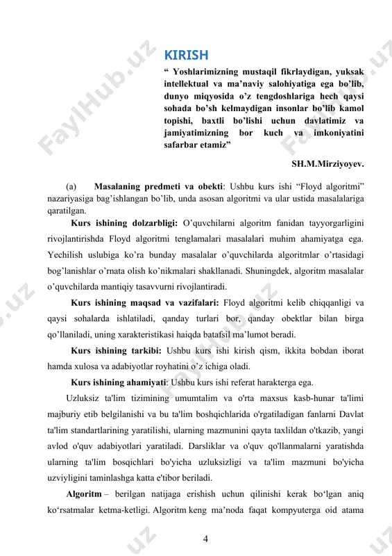 1-iteratsiya barcha qirralarning qoldiq o„tkazish qobiliyati cij , c ji ni boshlang„ich o„tkazish qobiliyati ij , ji ga teng deb olamiz. c c 1-qadam. a1 qiymat berib, 1-tugunni , nishon bilan belgilaymiz va i 1 deb qabul qilamiz. 2-qadam. s1 2,3,4 . 3-qadam. k 3 , chunki c13 max c12 , c13 , c14 max 20,30,10 30 . a3 c13 30 qiymat beramiz va 3-tugunni 30,1 nishon bilan belgilaymiz hamda i 3 deb 2- qadamga qaytamiz. 2-qadam. s2 4,5 . 3-qadam. k 5 va . a5 c35 max 10,20 20 . 5-tugunni 20,3 nishon bilan belgilaymiz. o„tish yo„liga ega bo„lamiz va 5-qadamga o„tamiz. 5-qadam.o„tish yo„lini 1-tugundan boshlab to 5-tugungacha qo„yilgan nishonlar bo„yicha topamiz: 5 20,3 3 30,1 1 . shunday qilib n1 1,3,5 va f1 min a1 , a3 , a5 ,30,20 20 . n1 yo„l bo„ylab qoldiq o„tkazish qobiliyatini quyidagicha topamiz: c13 , c31 30 20,0 20 10, 20 …