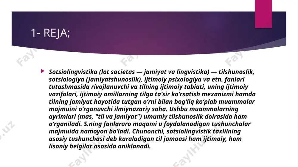 shu xususiyati bilan sotsiolingvistika tilshunoslikning barcha maktab va oqimlaridan tubdan farq qiladi. sotsiolingvistika ma'lum bir sharoitda ma'lum bir axborotni nutq birliklari vositasida tinglovchiga yetkazish, bu nutq parchasida so`zlovchi belgi-xususiyatlarning in'ikosi, uning tinglovchiga ta'siri masalalarini o`rganadi va o`rgatadi. foydalanilgan adabiyotlar; sotsiolingvistika (aliqulov z, boymirzaeva s) maruza matni oʻzbekiston milliy ensiklopediyasi (2000-2005) maʼlumotlaridan foydalanilgan. b. boltaboev maruzalari e‘tiboringiz uchun rahmat !!! image1.jpeg image2.jpeg image3.jpeg image4.jpeg /docprops/thumbnail.jpeg