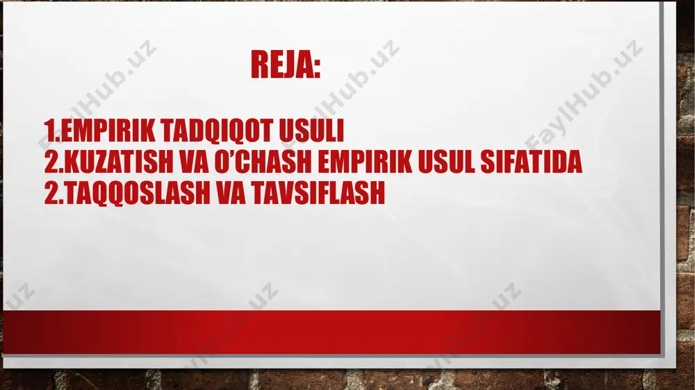qilish) va bilvosita (ob'ektni o'zi emas, qoldirgan izi yoki oqibatini) kutazish; - bevosita sezish organlari va bilvosita asboblar yordamida kuzatishni olib borish. o'lchash. har qanday tadqiqot ob'ekti sifat va miqdor birligini tashkil qiladi. sifat ob'ektning bir butunligi, barqaror muayyanligi, mohiyatli tomonini bildiradi. bir xil sifatga ega bo'lgan narsalar miqdorga ega bo'ladilar. o'xshash yoki aynan xossa, tomon, unsurlarni birlashtirsak to'plam, son, hajm, sur'at darajasida namoyon bo'ladi. har bir xossa, sifat o'zini me'yoriy chegarasiga ega. me'yoriy chegara ma'lum miqdor doirasida namoyon bo'ladi. tadqiqotda 4 xil o'lchov shkalalaridan foydalanadilar. nominal, ya'ni, nomlar, ifodalar shkalasi. bu shkala bir-birini kesib o'tmaydigan guruhlarni ifodalaydi. masalan, jins va millati, ma'lumot bo'yicha mutaxassis, qaysi rangni afzal ko'rish va boshqalar. mazkur atamalarni belgilashda ko'p – oz ko'rsatkichlari ishlatilmaydi, ularraqamlar, hafrlar, so'zlar yordamida ifodalanadi. nominal shkalani funktsiyasi ob'ektlarni aynan yoki turli guruhlarga tegishli ekanligini qayd qilishdir. tadqiqotda nominal shkaladan ob'ektlarni tasniflash, ularni guruhlarga, sinflarga, sohalarga bo'lish maqsadida foydalanadilar. tartib shkalasi. …