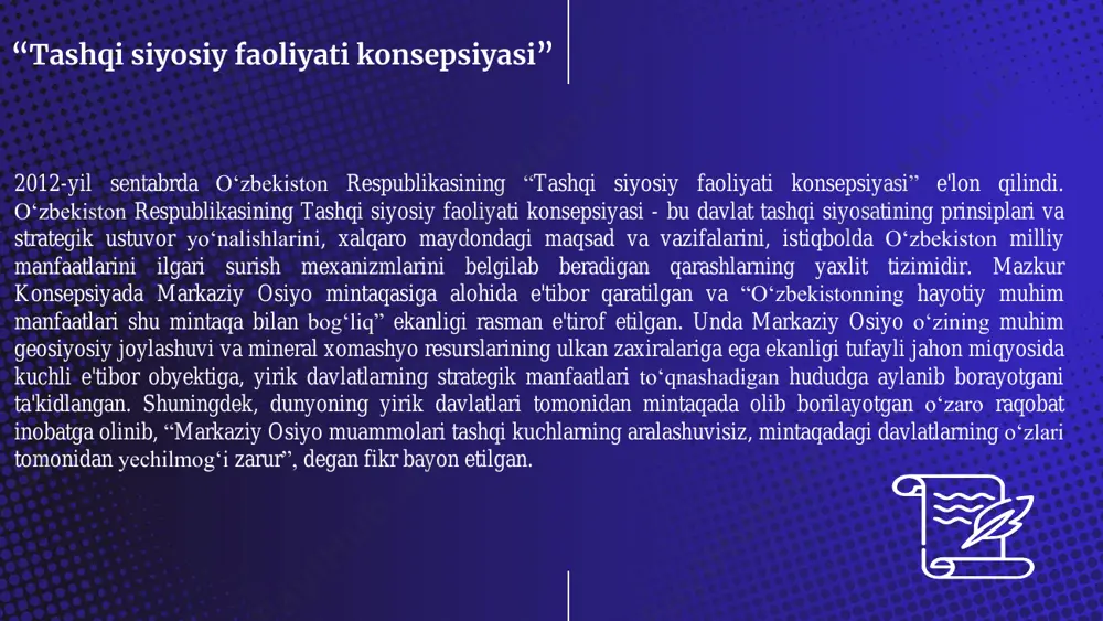 2000-yillarga mo‘ljallangan iqtisodiy integratsiyani rivojlantirish to‘g‘risida bayonot imzolandi. 2017-yil o‘zbekiston va qirg‘iziston munosabatlarida yangi sahifa ochildi. shu yil sentabr oyida qirg‘iziston prezidenti almazbek atambayev taklifiga binoan prezident shavkat mirziyoyev bishkekda bo‘ldi. o‘zbekiston va qirg‘iziston prezidentlari o‘z ichiga 85 foiz masofani qamrab olgan chegara to‘g‘risidagi bitimni imzolashdi. shu munosabat bilan, aholining o‘tib-qaytishi uchun ikki davlat o‘rtasidagi 7 yil davomida yopib qo‘yilgan chegara postlar ochildi. 2017-yil dekabrda o‘zbekiston respublikasi prezidenti shavkat mirziyoyevning taklifiga binoan qirg‘iziston respublikasining yangi saylangan prezidenti sooranbay jeenbekov rasmiy tashrif bilan mamlakatimizga keldi. iqtisodiy, madaniy va ijtimoiy sohalarda hamkorlikka doir qator hujjatlar qabul qilindi. o’zbekiston- tojikiston aloqalari tojikistonda 1992-1997-yillarda davom etgan birodarkushlik urushi tojikistonning iqtisodiy taraqqiyotiga salbiy ta'sir etdi, uning qo‘shni mamlakatlar, jumladan, o‘zbekiston bilan hamkorligiga ham salbiy ta'sir ko‘rsatdi. 1997-yilda moskvada tojikistonning rasmiy hokimiyati bilan muxolifat kuchlar o‘rtasida tuzilgan milliy murosa haqidagi shartnomaga erishilgach, tojikistonning qo‘shni mamlakatlar bilan aloqalari yana tiklandi. 2017-yil o‘zbekiston va tojikiston munosabatlarida ham yangi …