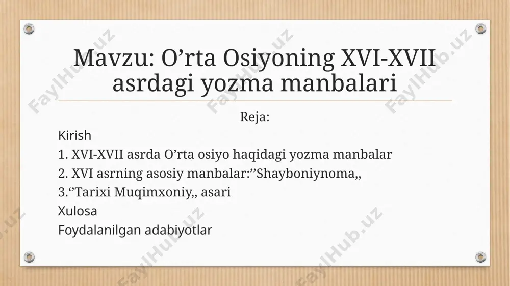 unoslikning muhim sharti qiyoslash va bor ma’lumotlarni jiddiy tubdan qayta tekshirish qoidalariga amal qilgan.buning uchun b.ahmedov o’z tahliliga muayyan bir davr bo’yicha bir necha asarlarni kiritgan,bular “tavorixi guzida,, (nusratnoma), “fatxnoma,, “shayboninoma,, “mehmonnomai buxoro,, “zubdat ut-tavrix,, “badoye ul vaqoye,, dir.abulg’ozi bahodirxonning yetuk tarixchi olim sifatida e’tiborga sazovordir.uning “shajarayi tarokima,, va “shajarayi turk,, asarlari o’rta osiyo xalqlari tarixiga oid qimmatli manbalardan hisoblanadi. shayboniynoma — oʻzbek xoni muhammad shayboniy tarixi toʻgʻrisida tarixiy-jangnoma doston. oʻzbek tarixchisi va shoiri, muxammad solihning asari. turkiy tilda (chigʻatoy yoki eski oʻzbek tilida) yozilgan. asar 1506—1507-yillarda yozilgan. doston muhammad shayboniyning harbiy yurishlari tasviriga bagʻishlangan. shayboniynoma 8902 misradan iborat boʻlib, 76 bobdan tashkil topgan. 16 bob dostonning muqaddimasi, shundan 1—3-boblar hamd va naʼtlardir. 4-bob soʻz taʼrifiga, 5—14-boblar shayboniyxonning tavsif va taʼrifiga bagʻishlangan; 15-bob esa „kitob nazmining sababi“ bayonidadir. 16-bob mullo abdurahim haqida. asarning syujeti — asosiy qismi 17-bobdan boshlanadi. keyingi boblarda 1499—1500; 1505—1506-yillarda roʻy bergan tarixiy voqealar xronologik izchillikda bayon …