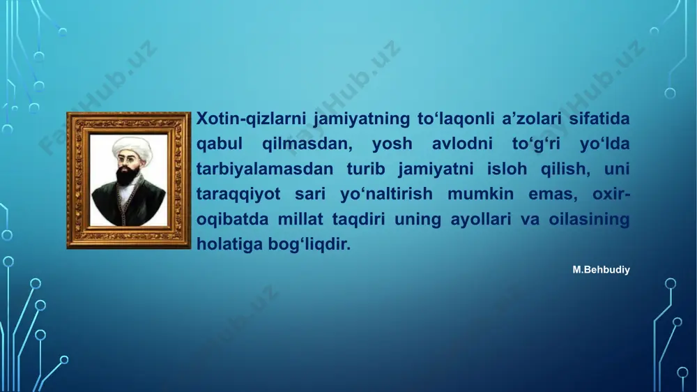 parlamentdagi ayollar” qismida o‘zbekiston 130-o‘rindan 45-o‘ringa ko‘tarildi. 3 birinchi marta nafaqat jamiyat va davlat hayotida faollik va tashabbuskorlik ko‘rsatgan, balki yaxshi farzandlarni tarbiyalab voyaga yetkazgan ayollarga (jumladan uy bekalariga) beriladigan “mo‘tabar ayol” ko‘krak nishoni ta’sis etildi, 1000 dan ortiq faol ayollar ko‘krak nishoni bilan taqdirlandi. zulfiya nomidagi davlat mukofotini har yili qoraqalpog‘iston respublikasi, viloyatlar va toshkent shahridan ikki nafar talabgorlarga berilishi, mukofot laureatlari bo‘lganlarga bakalavriat va magistraturga tegishli yo‘nalish va ixtisoslik bo‘yicha kirish sinovlarisiz davlat grantlari asosida qabul qilinishi belgilandi, 368 nafar, (shundan so‘nggi 5 yilda 127 nafar) iqtidorli qizlar zulfiya nomidagi davlat mukofoti bilan taqdirlandi. yurtimizda xotin-qizlarni ilm-fan sohasiga jalb qilish borasida sezilarli natijalarga erishildi. shu tufayli respublika xotin-qizlari ilm-fan taraqqiyotining barcha sohalari rivojiga munosib hissa qo‘shib kelmoqdalar. bugungi kunda respublikada 6 nafar akademik, 700 dan ziyod fan doktori, 4780 nafar fan nomzodi, 200 ga yaqin falsafa doktori (phd) darajasiga ega bo‘lgan olima ayollar fan tarmoqlarining turli sohalarida ilmiy …