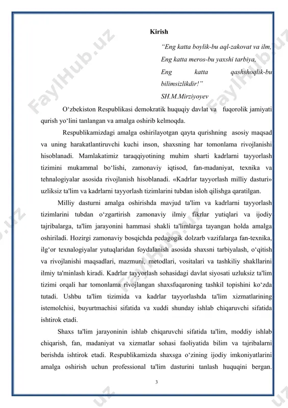 qilishga imkon beradi. kurs ishining dolzarbligi: yoshlarga ta’lim va tarbiya berishning murakkab vazifalarini hal etish o’qituvchining g’oyaviy e’tiqodi, kasb-mahoratiga, san’ati, iste’dodi va madaniyatiga hal qiluvchi darajada bog’liqdir. ta’lim-tarbiya jarayonini to’g’ri tashkil etish uchun barcha mavjud imkoniyatlarini safarbar etish o’qituvchilarning birinchi navbatdagi vazifalaridan biridir. matematika fani o’sib kelayotgan yosh avlodni kamol toptirishda o’quv fani sifatida keng imkoniyatlarga ega. u o’quvchi tafakkurini rivojlantirib, ularning aqlini peshlaydi, uni tartibga soladi, o’quvchilarda maqsadga yo’naltirganlik, mantiqiy fikrlash, topqirlik xislatlarini shakllantirib boradi. shu bilan bir qatorda mulohazalarning to’g’ri, go’zal tuzilganligi, o’quvchilarni didli, go’zallikka ehtiyojli qilib tarbiyalab boradi. insoniyat kamoloti hayotning rivoji texnika va texnologiyalarning takomillashib borish asosida fanlar o’qitilishiga bo’lgan talablarini hisobga olgan holda maktab matematika kursini ularning zamonaviy rivoji bilan uyg’unlashtirish maktabda o’quvchilarga matematikani o’qitishdan ko’zda tutilgan asosiy maqsadlardan biridir. matematika fani o’quvchilarni iroda, diqqatni to’plab olishni; qobiliyat va faollikni, tasavvurining rivojlangan bo’lishini talab eta borib, mustaqil, ma’suliyatli, mehnatsevar, intizomli va mantiqiy fikrlash hamda o’zining …