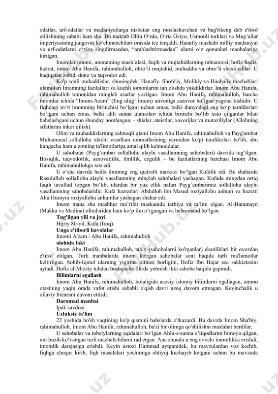 oblanadi. hanafiy mazhabining bu eng muhim pozitsiyasi ushbu mazhabning bag'rikengligi va oqilonaligini asoslash nuqtai nazaridan asosiy hisoblanadi. hanafiylikdagi bu pozitsiya juda muhim bo'lib chiqdi, chunki bugungi kunda ko'pchilik musulmonlar mo'min musulmonlar uchun barcha belgilangan diniy va marosim ko'rsatmalariga rioya qilmaydi. hanafiylarga ko‘ra, alloh taoloning rahmati o‘z islomini e’lon qilgan va qalbida dinni qabul qilgan, hatto gunohkor bo‘lgan yoki islomning farz shartlarini bajarmagan barcha kishilarni qamrab oladi. shunday har bir musulmon jahon ummatiga – muhammad payg‘ambar (s.a.v.) ummatiga mansub bo‘lishga haqli. zero, abu hanifa o‘zining qonuniy qarorlarini “o‘zgarishlar davrida” tasodifan qabul qilgan. bu halokatli fuqarolar urushi, ko'plab muxolifat harakatlari va tartibsizliklar bilan birga kelgan sulolalar almashadigan vaqt edi. xullas, 740-yillarning boshlarida umaviylar hokimiyatiga qarshi qurolli qoʻzgʻolon koʻtarilgan boʻlsa, soʻngra 740-750-yillarda toʻntarish yoʻli bilan abbosiylar harakati hokimiyat tepasiga keldi. to'polon, tartibsizlik va zo'ravonlik davri boshlandi. bu abu hanifaning mafkurasiga ham, huquqiy qarorlarining usullariga ham ta'sir qildi va oxir-oqibat uning maktabini eng bag'rikeng …