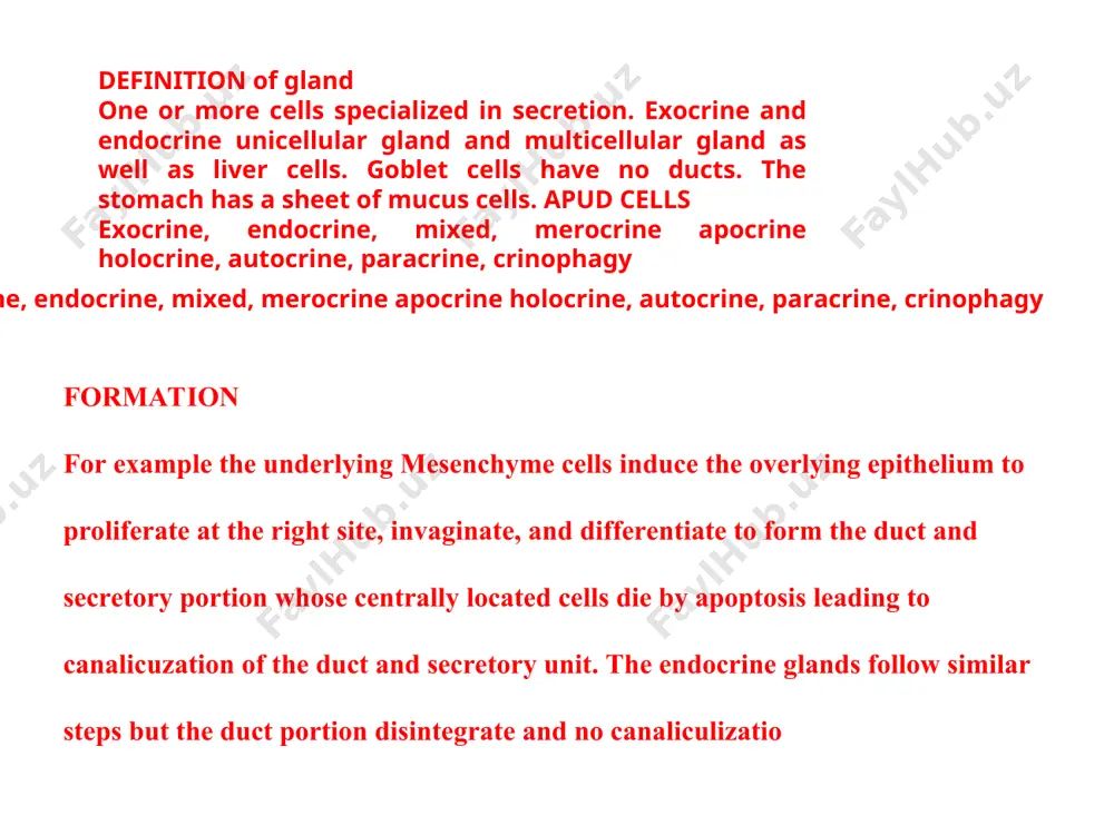 nsport 3 4 5 target cells’ response 6 feedback * general characteristics of endocrine glands: 1- structure: parenchymal and stroma. 2- highly vascularized. 3-ductless glands. 3- secretions (hormones) elaborated to interstitium then blood stream and to target organs with specific receptors for the hormone. 4- effective at very low concentrations. 5-direct or indirect feedback from the target site regulates further hormone elaboration. 5-hormones act at different speeds: peptides = seconds proteins = hours steroids = days origin ectodermal - pituitary, adrenal medulla (neural crest), pineal mesodermal - adrenal cortex, testis, ovaries endodermal - islets of langerhans, parenchymal cells of thyroid & parathyroid microscopic structure 1.unicellular endocrine units occur as single cells in another tissue. 2. neurosecretory: endocrine units contain cells which are structurally similar to neurons. 3. cords and clumps and follicles are arrangement of the secretory units. . 4. follicular endocrine units contain epithelial cells which form the walls …