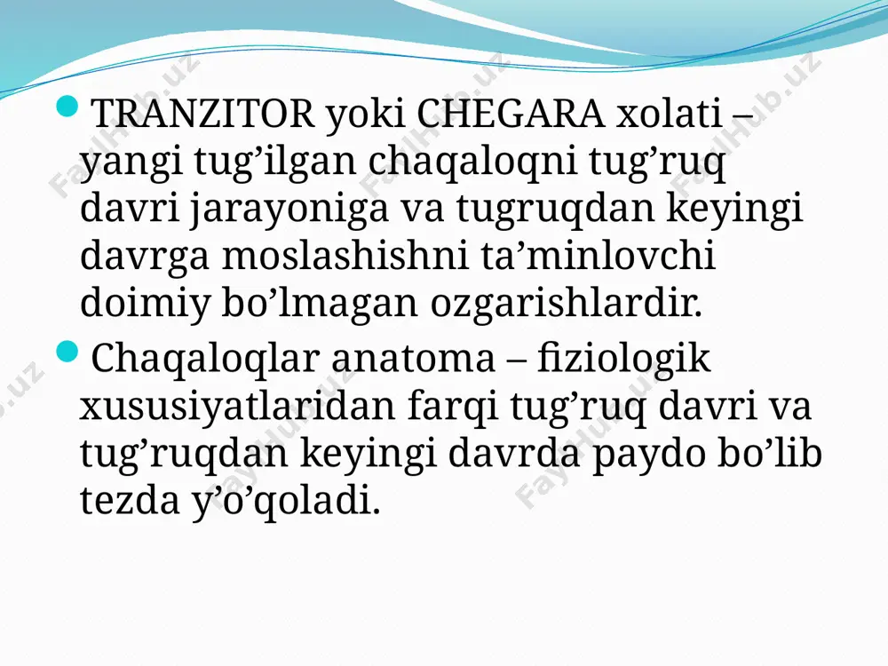 siya nafas markazi aktivlashishi ilk nafas olish mexanizmlaridan biri. o’pkani xavo bilan to’lishi va opkaning funksional qoldiq sig’imi xosil bo’ladi. alveolalar ichidagi fetal suyuqlikni so’rilishi/chiqarib tashlanishini ta’minlaydi/ o’pka arteriyalarining kengayishi → o’pka qon tomirlai qarshiligi kamayishi → o’pkaga keladigan qon oqimining ortishi → katta va kichik qon aylanishini “alohidalanishi”. tranzitor giperventilyatsiya ilk nafas – gasp tipida bo’lib, chuqur nafas olish va qiyinlashgan (uzaygan) nafas chiqarish bilan ifodalanadi. gasp tipidagi nafas “xavo tuzog’i”ni paydo qiladi. bu esa o’pka alveolalari ochilishini yaxshilaydi. yangi tug’ilgan chaqaloqlarda gemodinamikaning o’zgarishi arterial kanal – batalov yo’li 10 - 15 minutdan keyin yopilishi boshlanadi, 24 – 48 soatda xam to’liq yopilmaydi. bu vaqtda shunt chapdan o’ngga, o’ngdan chapga yoki ikkala tomonga (bidirektoral) xam ishlashi mumkin. 35% xollarda 2 xaftagacha, 80% xollarda 8 xaftagacha yopiladi. yangi tug’ilgan chaqaloqlarda gemodinamikaning o’zgarishi oval teshik yopilish funksional jixatdan tug’ilishi bilan kuzatiladi. anatomik yopilishi uchun ba’zida yillar zarur bo’ladi. 10-20% odamlarda anatomik …