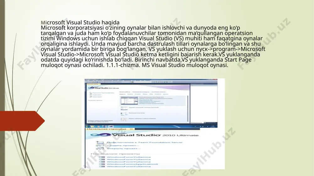 zaro bir biridan farq qiladi . c# tili ham obe`ktga mo`ljallangan tillar sirasiga kiradi. vs 2010 da c# tili yordamida 17 xil loyiha yaratish mumkin. dastur tuzilishi:c# da dastur birta yoki bir necha fayllardan iborat bo‘ladi. har bir fayl o‘zida bir yoki bir necha nomlarni saqlab turishi mumkin.har bir nomesa o‘zida qo‘yilgan nom yoki tipni, qaysiki sinflar, struktura, interfeys, hisoblash va delegate – funksional tiplardir.c# da yangi loyiha yaratish paytida, vs muhitidagi 10 ta loyiha tiplaridan biri tanlanadi.bularga windows application, class library, asp.net application va asp.net web service misol bo‘ladi. birortasi tanlansa avtomatik tarzda c# va c++ ning shu loyiha tipiga mos qolipi hosil bo‘ladi. 1. birinchi bo‘lib c/c++ tillari oilasida ob‘yektga yo‘naltirilgan dasturlash tilini yaratish; 2. shunday ob‘yektga yo‘naltirilgan dasturlash tilini yaratish kerakki, unda hamma narsa ob‘yekt sifatida yaratilsin(o‘zgaruvchilar, formalar, massivlar, sinflar) ; 3. c++ tilini osonlashtirish, lekin shunday yo‘l bilanki, c++ tilining kuchi va konstruksiyalari saqlanib qolsin. bu …