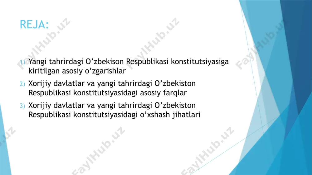 undan oqilona foydalanishni va uni umummilliy boylik sifatida muhofaza qilishni ta’minlovchi shartlar asosida va tartibda xususiy mulk bo‘lishi mumkin. davlat bozor munosabatlarini rivojlantirish va halol raqobat uchun shart-sharoitlar yaratadi. monopol faoliyat qonun bilan tartibga solinadi va cheklanadi. 8. oav faoliyatiga to‘sqinlik qilish javobgarlikka sabab bo‘ladi ommaviy axborot vositalari erkindir va qonunga muvofiq ish olib boradilar. davlat ommaviy axborot vositalari faoliyatining erkinligini, ularning axborotni izlash, olish, undan foydalanish va uni tarqatishga bo‘lgan huquqlari amalga oshirilishini kafolatlaydi. ommaviy axborot vositalari o‘zi taqdim etadigan axborotning ishonchliligi uchun javobgardir. senzuraga yo‘l qo‘yilmaydi. ommaviy axborot vositalarining faoliyatiga to‘sqinlik qilish yoki aralashish qonunga muvofiq javobgarlikka sabab bo‘ladi. 9. davlat boshqaruvidagi o‘zgarishlar. prezidentning vakolat muddati 7 yil bo‘ldi prezidentning vakolat muddati 5 yildan 7 yilga uzaytirildi. prezidentning “davlat boshlig‘i” maqomi saqlab qolindi. ayni bir shaxs surunkasiga ikki muddatdan ortiq prezident bo‘lishi mumkin emasligi, prezidentning qasamyodi matni va prezidentga taalluqli boshqa aksariyat normalar ham o‘zgarishsiz qoldirildi. ma’lumot uchun, …