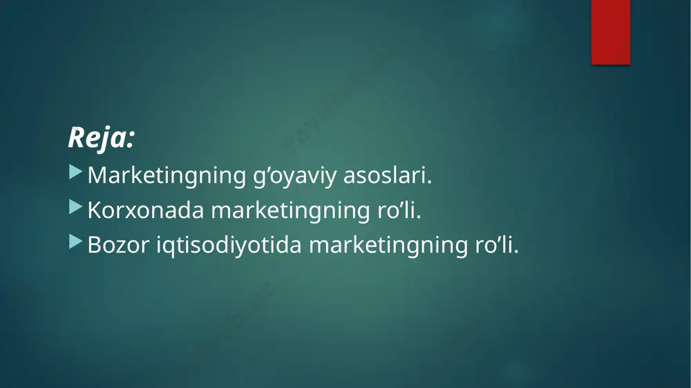 n xaridorlarning ehtiyojlarini qondirish bilan shug‘ullanuvchi liar qanday tashkilot uchun muhim bo‘lgan harakat falsafasi kelib chiqadi. bu marketing harakatlari sohasini uch asosiy bo‘lakka ho'lish mumkin: i) iste’mol marketingi, bunda ayirboshlash firmalar va pirovnrcl iste’molchilar, jismoniy shaxslar yoki oilalar o‘rtasida amalhii oshiriladi; firmalararo marketing, bunda ayirboshlash jarayonida ikkala tomon sifatida tashkilotlar ishtirok etadi; ijtimoiy marketing, u muzeylar, universitetlar va shu kabi daromadsiz tashkilotlarning faoliyat sohalarini o‘z ichiga oladi. marketing konsepsiyasi tashkilotning butun faoliyati foydalanuvchilarning ehtiyojlarini qondirishni asosiy maqsad qilib olishi lozimligini ko‘zda tutadi, chunki bn o‘z taraqqiyot maqsadlariga erishish va rentabellikni oshirishning eng yaxshi yo'lidir. bozor iqtisodiyoti sharoitida m arketingning roli 1. ishlab chiqaruvchi investitsiyalarni amalga oshirishdan avval xaridorlarning ehtiyojlari va istaklarini aniqlash maqsadida axborot to‘playdi. bozorni tadqiq qilish va strategik marketingning roli ham shundan iboratdir. 2. xuddi shu yoi bilan potensial xaridor yetkazib beruvchilar taklif qilayotgan imkoniyatlarni o‘rganib chiqish va sotishga oid takliflarni tahlil qilishga turtki boiadi. 3. ishlab chiqarish …