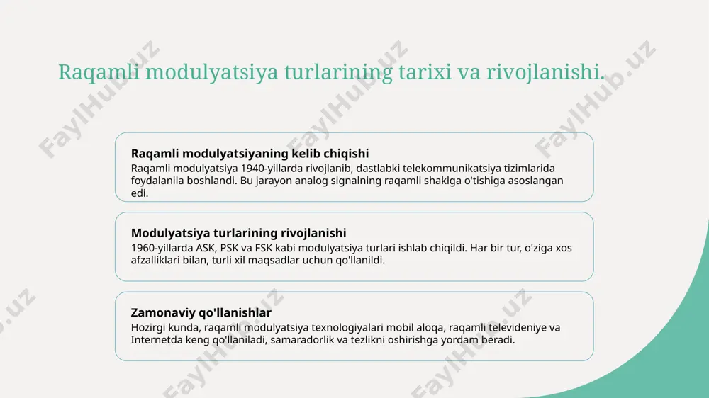 3 qo'llanilishi - psk ko'plab qo'llanmalarda, masalan, raqamli televideniye va mobil aloqa tizimlarida ishlatiladi, bu esa uning keng tarqalganligini ko'rsatadi. frequency shift keying (fsk) — tushuncha va ishlash prinsipi. fsk tushunchasi freqensiya o'zgarishli modulyatsiya (fsk) raqamli signallarni uzatishda ishlatiladigan texnologiyadir, u signalning tezligini o'zgartirishga asoslanadi. ishlash prinsipi fskda ma'lumotlar ikkita yoki undan ortiq chastotali signal bilan ifodalanadi, har bir chastota ma'lum bir bit qiymatini anglatadi. fsk turlari fskda asosiy turlariga 2-fsk (bitta 0 va 1 chastotasi) va 4-fsk (to'rt xil chastota) kiradi, bu esa uzatish samaradorligini oshiradi. qo'llanilishi fsk telekommunikatsiya tizimlarida, masalan, modemdagi ma'lumotlarni uzatishda va raqamli aloqa protokollarida keng qo'llaniladi. psk va fsk: raqamli modulyatsiyadagi o'zaro ta'sirlar. 1 psk va fsk: ta'rifi - phase shift keying (psk) va frequency shift keying (fsk) raqamli modulyatsiya usullari bo'lib, signalning fazasi va chastotasini o'zgartirish orqali ma'lumot uzatadi. 2 o'zaro ta'sirlar - psk va fsk usullari raqamli aloqa tizimlarida bir-birini to'ldirib, turli sharoitlarda …
