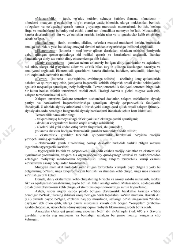 rishishdan oldin e’tiborni odamlarning diniy e’tiqodlari bilan bog‘liq har qanday muammo g‘oyat nozik ekanligiga, ularning dinning ma’naviy qadriyatlari bilan bog‘liq shiorlardan, xususan, islomni qayta tiklash shioridan foydalanayotgan muayyan kuchlar ko‘zlayotgan, dinga aloqasi bo‘lmagan siyosiy va boshqa tajovuzkor maqsadlar o‘rtasidagi farqni tushunib olishlariga erishish zarurligiga qaratishni istardim» - degan so‘zlarini doimo yodda tutmoq lozim. shu nuqtai nazardan qaraganda, hozirgi kunda aholi, ayniqsa, yoshlar, turli soha vakillari orasida tegishli targ‘ibot-tashviqot ishlarini olib borish, diniy mutaassiblikning mohiyati, tarixi, zamonaviy ko‘rinishlari, g‘oyaviy-aqidaviy asoslarini tahlil qilish ustuvor vazifalaridan biri sanaladi. zero, ilmiy istilohda qo‘llanayotgan «fundamentalizm», «aqidaparastlik», «mutaassiblik», «ekstremizm», «terrorizm» kabi atamalar deyarli barchaga tushunarli bo‘lsa-da, har kishi ularni o‘zicha talqin etishi mumkin. keng ma’noda bu atamalar qonuniy hokimiyatga qarshi kurashuvchi ijtimoiy-siyosiy guruh va oqimlarga tegishlidir. «fundamentalizm»– (lotincha – «asos») tushunchasining ma’nosi muayyan ijtimoiy hodisaning dastlabki ko‘rinishini anglatadi. diniy fundamentalizm esa, «ma’lum din vujudga kelgan ilk davriga qaytish va bu yo‘l bilan zamonaning barcha muammolarini hal …