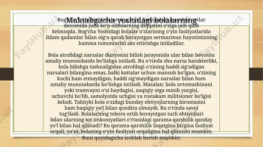 hidagi bolalarning xotirasi ko’rgazmali , obrazli bo’lishi bilan harakterlidir. uch yoshdagi bola taassurotlarini bir necha oy davomida esda saqlab tura olishga qodirdir . xotiraning o’sishga o’yinlar, turli mashg’ulotlar sh’er yodlash ertak va hikoyalar aytish yordam beradi. bog’chagacha bo’lgan yoshdagi bolalarda ixtiyorsiz diqqat ustunligicha qolaveradi. masalan , bola juda ertak eshitayotgan bo’lsa ham , xonaga birov kirib qolsa , uning diqqati ixtiyorsiz shu ertakdan chalg’iydi. bog’cha yosgdagi bolalar o’zlari uchun ahamiyatga ega bo’lgan , ularda kuchli tassurotlar qoldiradigan va ularni qizitiradigan narsalarni beixtiyor eslarida olib qoladilar. bog‘cha yoshidagi bolalarning tafakkuri va uning rivojlanishi o‘ziga xos xususiyatga ega. tafakkur bolaning bog‘cha yoshidagi davrida juda tez rivojlana boshlaydi. buning sababi, birinchidan, bog‘cha yoshidagi bolalarda turmush tajribasining nisbatan ko‘payishi, ikkinchidan, bu davrda bolalar nutqining yaxshi rivojlangan bo‘lishi, uchinchidan esa, bog‘cha yoshidagi bolalarning erkin, mustaqil harakatlar qilish imkoniyatiga ega bo‘lishlaridir.bog‘cha yoshidagi bolalarda har sohaga doir savollarning tug‘ilishi, ular tafakkurining faollashayotganligidan darak beradi. bola o‘z savoliga …