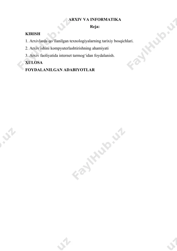 cha bosqichga ajratish mumkin. birinchi bosqich: xix asr o‘rtalaridan boshlanib, u “mexanik” texnologiya davri deb ataladi. unda dastlabki texnik vositalaming pay do bolishi: foto, kino va ovoz yozish apparatlari, yozuv mashinasi, telefon va diktafonlaming kashf etilishi, pochta tizimining zamonaviylashuvi kabi barcha axborotni yaratish texnologiyasidagi tub o‘zgarishlar ish unumdorligi uchun asos bo‘lib xizmat qilgan. 1. arxivlarda ish faoliyatini yaxshilash uchun qo’llanilgan texnologiyalarning tarixiy bosqichlari mohiyati bo‘yicha “mexanik” texnologiya mavjud ishlab chiqarishni avtomatlashtirishning tashkiliy tuzilishi shakllanishiga yo‘l ochib berdi. ikkinchi bosqich: xx asming 50-yillargacha bolgan davmi o‘z ichiga olib, idoraviy arxivlarda yozuv mashinkalari va hisob- perforatsion uskunalaridan keng foydalanish jarayonlarini o‘z ichiga oladi. uchinchi bosqich: informatika fanining rivojlanishi natijasida 1960-yillarga kelib fanlararo olib borilgan tadqiqotlar asosida (arxivshunoslikda informatsion yondashuv) rivoj topdi. elektron hisoblash mashinasining pay do bolishi axborot texnologiyasida e’tibor axborot yetkazish shakliga emas, balki ma’lumotni ko‘chirishga qaratilgan. arxivlarda axborot tizimlarini yaratish va elektron hujjatlar ma’lumoti klassifikatsiyasini shakllantirishdan iborat. ayni shu davrdan …