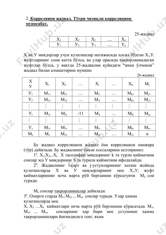 ндай муносабат статистик ёки корреляцион муносабат дейилади. х ва у миқдорлар орасидаги бу муносабат оддий жадвал кўринишида берилиши мумкин (25-жадвал) 2. корреляион жадвал. тўғри чизиқли корреляцион муносабат. 25-жадвал х1 х2 х3 .... хn у1 у2 у3 …. уn х ва у миқдорлар учун кузатишлар натижасида ҳосил бўлган хi,уi жуфтларнинг сони катта бўлса, ва улар орасида такрорланиадиган жуфтлар бўлса, у вақтда 25-жадвални қуйидаги “икки ўлчовли” жадвал билан алмаштириш мумкин 26-жадвал x у х1 х2 … хi … xk my у1 м11 м21 … мi1 … mk1 my1 у2 м12 м22 … мi2 … mk2 my2 … … … … … … … … уj м1j м2j -11 мij … mkj myj … … … … … … … … уs м1s м2s … мis … mks mys mx мx мx2 … мxi … mxs n бу жадвал корреляцион жадвал ёки корреляцион панжара (тўр) дейилади. бу жадвалнинг баъзи хоссаларини келтирамиз: 10. х1,х2,..хк …