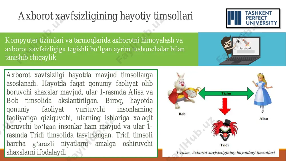 atishda uning yaxlitligini, foydalanuvchanligini va agar, kerak bo‘lsa, axborot va resurslarning konfidensialligini madadlash tushuniladi. 7. aktiv - himoyalanuvchi axborot yoki resurslar. yoki, tashkilot uchun qimmatli barcha narsalar 9 axborot xavfsizligi va kiberxavfsizlik o‘rtasidagi farq axborot xavfsizligi sohasi axborotning ifodalanishidan qat’iy nazar – qog‘oz ko‘rinishdagi, elektron va insonlar fikrlashida, og‘zaki va vizual aloqada intelektual huquqlarini himoyalash bilan shug‘ullanadi. kiberxavfsizlik esa elektron shakldagi axborotni (barcha holatlardagi, tarmoqdan to qurilmagacha bo‘lgan, o‘zaro birga ishlovchi tizimlarda saqlanayotgan, uzatilayotgan va ishlanayotgan axborotni) himoyalash bilan shug‘ullanadi. bundan tashqari, hukumatlar tomonidan moliyalashtirilgan hujumlar va rivojlangan doimiy tahidlar (advanced persistent threats, apt) ham aynan kiberxavfsizlikka tegishlidir. qisqacha aytganda, kiberxavfsizlikni axborot xavfsizligining bir yo‘nalishi deb tushunish uni to‘g‘ri anglashga yordam beradi 33parollar agar parolingiz taxmin qilinsa, sizning nomingizdan tajovuzkor ekstremistik materiallarni yuborishi va chop etishi, hujjatlarni imzolashi, korporativ ma'lumotlar va ichki tarmoq resurslariga kirishi mumkin bo‘ladi. bunday holda, barcha mas'uliyat sizda qoladi! • agar parolingiz sana (tug‘ilgan) yoki bitta …