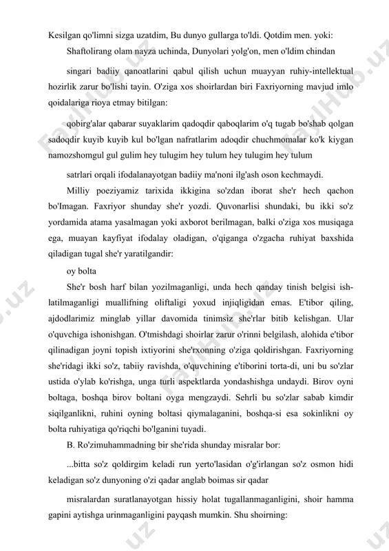 nning "turkiylar", "iqror", a. suyunning "istig'for", "oq va qora", a. qutbiddinning "izohsiz lug'at", a. saidning "tush", "yo'l", faxriyorning "ayolg'u", "bo'g'zimdan sirqirar tovush - qon...", "oyloq ke-cha..." she'riy asarlari mustaqillik davri o'zbek nazmining yetuk namunalar-idan hisoblanadi. bu davr she'riyati shakliy izlanishlarga boyligi, chiqish nazmidan ham, botish adabiyotidan ham samarali o'rganishga intilish kuchayganligi bilan xarakterlanadi. endilikda she'rxonlik ko'ngil ochar mashg'ulot bo'lmay qoldi. she'r bi​lan tillashadigan o'quvchining tafakkuri ham, qulog'i ham, ko'zi ham, hatto tuyg'ulari ham bir qadar zo'riqishi, she'r o'qiyotganda faqat zavq va iazzat tuyibgina qolmay, mehnat qilishi ham lozim bo'lib qoldi. rauf parfining: yerga botgan osmonlarni kuzatdim, chopilgan oyog'im bilan chopdim men. kesilgan qo'limni sizga uzatdim, bu dunyo gullarga to'ldi. qotdim men. yoki: shaftolirang olam nayza uchinda, dunyolari yolg'on, men o'ldim chindan singari badiiy qanoatlarini qabul qilish uchun muayyan ruhiy-intellektual hozirlik zarur bo'lishi tayin. o'ziga xos shoirlardan biri faxriyorning mavjud imlo qoidalariga rioya etmay bitilgan: qobirg'alar qabarar suyaklarim qadoqdir qaboqlarim o'q …