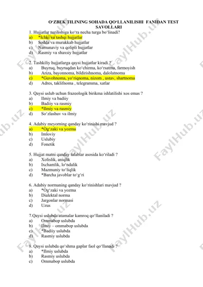 o‘zbek tilining sohada qo‘llanilishi fanidan test savollari — DOCX