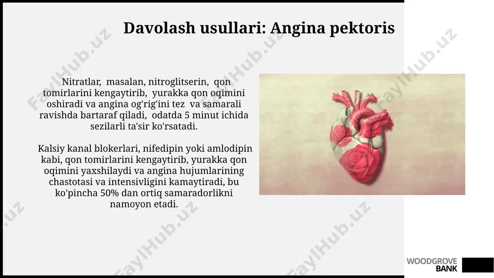 woodgrove bank diagnostika usullari: angina pektoris koronar angiografiya, toj tomirlarining torayish darajasini va joylashuvini aniqlash uchun oltin standart hisoblanadi, 90% dan ortiq aniqlik bilan diagnostika qiladi. bemorning shikoyatlari va anamnezi, jumladan, ko'krak qafasidagi og'riqning xarakteri (siqish, ezilish, yonish), davomiyligi (1-15 minut), lokalizatsiyasi va provokatsion omillar (jismoniy zo'riqish) muhim diagnostik ma'lumotlarni beradi. woodgrove bank miokard infarktining tasnifi miokard infarkti stemi (st-segmenti koʻtarilgan miokard infarkti) va nstemi (st-segmenti koʻtarilmagan miokard infarkti) kabi ikki asosiy turga boʻlinadi, ularning har biri turli xil klinik belgilar va davolash usullariga ega. miokard infarktining ogʻirlik darajasi infarktning kattaligi (%), chap qorincha ejeksiyon fraksiyasi va klinik belgilarga qarab 1-dan 5-gacha boʻlgan killip tasnifi boʻyicha baholanadi. woodgrove bank prognoz: angina pektoris angina pektorisni samarali davolash va hayot tarzini o'zgartirish (parhez, jismoniy faoliyat) yordamida, 10 yillik o'lim xavfini 2-3 baravar kamaytirish mumkin. st-segment ko'tarilmagan miokard infarkti (nstemi) bilan solishtirganda, barqaror angina pektorisli bemorlarda prognoz ancha yaxshi, ammo to'liq sog'ayish ehtimoli …