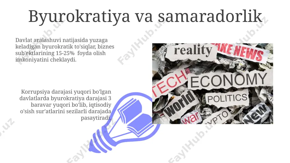 higa yo'naltirilgan bo'lishi zarur. raqobatning cheklanishi notoʻgʻri tartibga solish va byurokratik toʻsiqlar, yangi korxonalarning bozorga kirishini qiyinlashtirib, raqobat darajasini 10% ga pasaytirishi mumkin. raqobatni cheklash, iste'molchilar uchun narxlarning oʻrtacha 15% ga oshishiga va mahsulot tanlovining 30% ga kamayishiga olib kelishi mumkin. investitsiyalarni jalb qilish 01 02 davlat aralashuvi investorlarning 15% gacha boʻlgan investitsiyalarni amalga oshirishga boʻlgan ishonchini pasaytirishi mumkin, bu esa umumiy iqtisodiy oʻsishga salbiy taʼsir koʻrsatadi. sales 1st qtr 2nd qtr 100 0 sales 1st qtr 2nd qtr 100 0 e'tiboringiz uchun rahmat @taqdimot_robot image4.jpg image5.jpg image6.jpg image7.jpg image8.jpg image9.jpg image10.jpg image11.jpg image12.jpg image13.jpg image14.jpg image15.jpg image1.jpeg image2.jpeg image3.jpeg