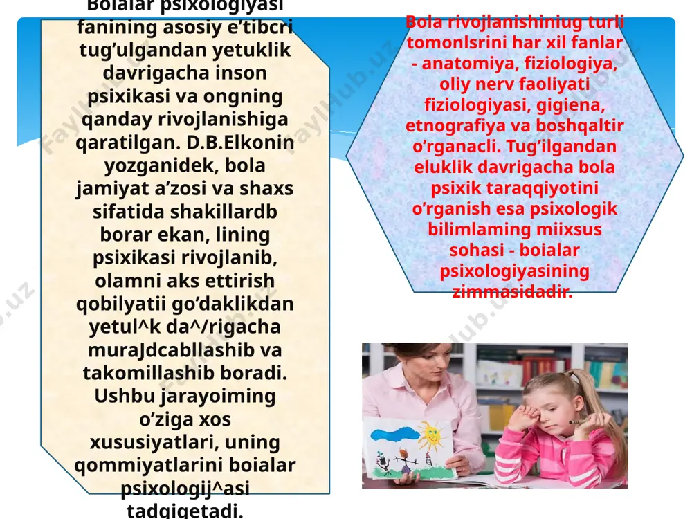 ib bo’lmasligini, ushbu fijnksiyalaming mohiyatini tushunish uchun ulaming ildizlarini organizmdan tashqaridagi ijtimoiy muhitxian izlash lozimligini ko’rsatdi, madaniy-tarixiy konsepsiya - l.s. vigotskiy tomonidan xx asming 20-30 yillarida ishlab chiqilgan iiiscm psixik taraqqiyoti haqidagi nazariyadir. konsepsiyaning asosiy mazmuni quyidagilardan tashkil topgan: mehnat qurolarrni ismatishi mfayli odam tabiatdan ajralib chiqqan. tabiatga ismov berish uchun odam ushbu qurollardan foy^lacsa, o’z psixikasiga ta’sir ko’rsatish uchun u psixologik qurollarni qo’llaydi l.s.obuxovaning fikricha, l.s.vigotskiyning katta xizmati shimdaki, u bolalar psixologiyasi faniga tarixiylik tamoyilini kiritgan. ushbu tamoyilga ko’ra, psixik hodisalar harakatdagi narsa sifatida o’rganilishi loziin. l.s.vigotskiyning fikricha, psixik taraqqiyotning harakatlimtiruvchi kuchi ta’limdir. ta’lim psixik taraqqiyotni o’z ortidan tortadi va uni tezlashtiradi. u kulilgan natijani berishi uchun taraqqiyotdan oldin bo’lishi, ya’ni rivojlanishning eng yaqin zonasiga mo’ljal olishi lozim. rivojlanishning eng yaqin zonasini bola katta odam yordami bilan bajara oladigan vazifalar darajasi belgilaydi. agar bola o’zi uchun qiyin bo’lgan vazifani katta odam yordami bilan bajara olsa, bu vazifa bola rivojlanishining …