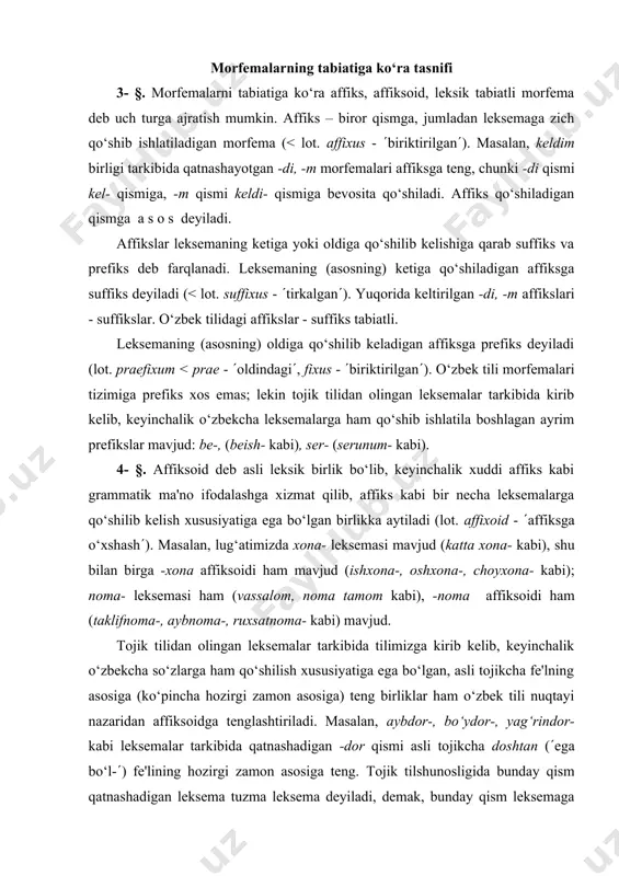 kiy (o‘zbekcha) tovush emas, o‘zbek tiliga fors tilidan o‘zlashgan bir necha leksema tarkibida kirib kelgan. o‘nta shovqin tovushdan affiksning ifoda jihati bo‘lib qadimgi turkiy tilda ham, hozirgi o‘zbek tilida ham asosan besh tovush (k, t, ch, sh, q), affikslarning ikkilamchi allomorfemasi sifatida ikki tovush – s tovushi (kelar - kelmas kabi) va p tovushi (kelib – kelip) xizmat qiladi. shovqin tovushlardan f tovushi qadimgi turkiy tilda bo‘lmagan, shunga ko‘ra bu tovush bilan ifodalangan affiks ham o‘z-o‘zidan yo‘q. asli h tovushi to‘g‘risida ham shu fikrni aytish mumkin. faqat x tovushidan affiksning ifoda jihati sifatida foydalanilmaganini izohlash qiyin. 2- §. shu o‘rinda orttirma tovush masalasiga aniqlik kiritish kerak. agar affiksning ifoda jihati ovoz tovushga teng bo‘lsa, boshqa tur tovush bilan tugagan asosga to‘g‘ridan to‘g‘ri qo‘shilaveradi: bosh + i kabi; asos ham ovoz tovush bilan tugagan bo‘lsa, orada s tovushi orttiriladi: ota + si kabi, ba'zan-gina y tovushi orttiriladi: fido+yi kabi. affiks ovoz …
