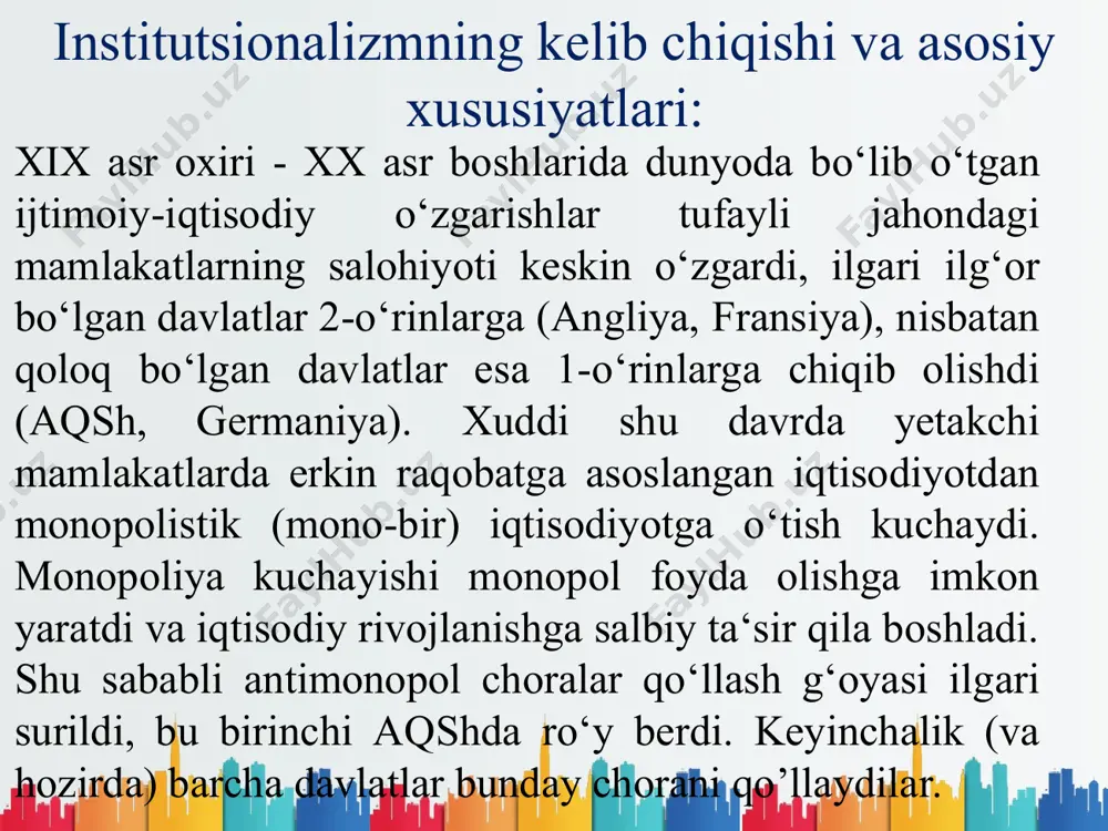 iya qo‘liga berish bilan hal etishni taklif qiladi. buning uchun barcha injener-texnik xodimlar umumiy ish tashlashlari kerak, shunda tadbirkorlar ularning shartlariga ko‘nishga majbur bo‘ladilar. kapitalizm transformatsiyasi «texniklar kengashi» vositasida bajariladi, hozirgi zamon jamiyatida intelligensiyaning roli birinchi o‘ringa qo‘yiladi, ya’ni biznes olamini injener- texnik intellegensiya yenga oladi. sanoat mutaxassislari yagona sinf sifatida qaraladi va bu sinfning asosiy maqsadi texnikadan foydalanishni takomillashtirishdir. demak, veblen yangi jamiyatni «texnokratik» ko‘z bilan ko‘radi va kapitalizmni saqlab qolish yo‘lini taklif etadi. jon r.kommons qarashlari j.kommons ijtimoiy-huquqiy institutsionalizm yo‘nalishining asosiy vakili hisoblanadi. uning asosiy g‘oyalari amerika tred-yunionizm mafkurasini ifodalaydi. uning ta‘limoti jamoat institutlari faoliyatini (oila, ishlab chiqarish korporatsiyasi, savdo birlashmalari, tred-yunionlar, davlat va yuridik huquqiy munosabatlar) tadqiq etish bilan bog‘iq. u mavjud tuzumni isloh va modernizatsiya qilishga intiladi, biznes tizimini shunchalik samarali qilish kerakki, u o‘zini-o‘zi saqlashga qodir bo‘lsin, deydi u. jon r.kommons qarashlari kommons mulk shakllarini iqtisodiy munosabatlar shaklida tahlil etmaydi, ammo «mulk tituli»ni yuridik shakl …