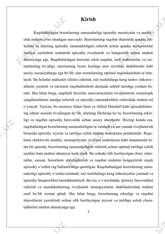 chiqaruvchilarni narx va sifat bo‘yicha raqobatlashishga majbur qiladi, natijada iqtisodiy samaradorlik oshadi. raqobat muhitining asosiy prinsiplari bilan bog‘liq bo‘lib, ular bozor muhitining o‘zi uchun yaratilgan tartibga solish va qonunchilik bilan muvofiqlashtiriladi. shu bilan birga, bozorni tartibga solishda raqobatni cheklovchi amallar, monopoliyalar va kartellar faoliyatini nazorat qilish muhim ahamiyatga ega. raqobatli bozorlarning samaradorligi iqtisodiy o‘sishni rag‘batlantiradi, resurslarning eng yaxshi taqsimlanishini ta’minlaydi va iqtisodiy barqarorlikni mustahkamlaydi. bu esa, o‘z navbatida, aholining farovonligini oshirishga xizmat qiladi. raqobat sharoitlari va bozor erkinligini ta’minlash uchun siyosiy va iqtisodiy tartibga solish chora-tadbirlarini takomillashtirish muhimdir. masalan, monopoliyalar va bozor muhofazasi bilan bog‘liq muammolarni hal qilish, raqobatni cheklovchi amallarni aniqlash va nazorat qilish orqali, bozor samaradorligini oshirish mumkin. statistik ma’lumotlar va iqtisodiy tahlillar shuni ko‘rsatadiki, erkin va raqobat muhitining kengayishi iqtisodiy o‘sish ko‘rsatkichlariga ijobiy ta’sir ko‘rsatadi. masalan, raqobatli bozorlar innovatsiyalar va texnologik rivojlanishni rag‘batlantiradi, bu esa uzoq muddatli iqtisodiy rivojlanish uchun muhimdir. shuningdek, raqobatli bozorlar orqali narxlar pasayadi, …
