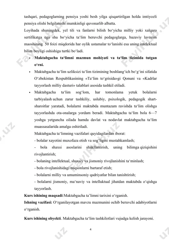 bda muntazam ravishda ta‘lim olishga tayyorlashda ota-onalarga yordam beradi. maktabgacha ta‘lim bola 6—7 yoshga yetguncha oilada hamda davlat va nodavlat maktabgacha ta‘lim muassasalarida amalga oshiriladi. maktabgacha ta‘limning vazifalari quyidagilardan iborat: - bolalar xayotini muxofaza etish va sog‘ligini mustahkamlash; - bola shaxsi asoslarini shakllantirish, uning bilimga qiziqishini rivojlantirish; - bolaning intellektual, shaxsiy va jismoniy rivojlanishini ta‘minlash; - bola rivojlanishidagi nuqsonlarni bartaraf etish; - bolalarni milliy va umuminsoniy qadriyatlar bilan tanishtirish; - bolalarni jismoniy, ma‘naviy va intelluktual jihatdan maktabda o‘qishga tayyorlash. kurs ishining maqsadi:maktabgacha ta’limni tarixini o‘rganish. ishning vazifasi: o‘rganilayotgan mavzu mazmunini ochib beruvchi adabiyotlarni o‘rganish. kurs ishining obyekti. maktabgacha ta‘lim tashkilotlari vujudga kelish jarayoni. kurs ishining predmeti. maktabgacha ta‘lim xodimlarining kasbiy mahoratlarini takomillashtirish yo‘llari. kurs ishining metodlari. ta‘lim tashkilotlar faoliyatini boshqarish mavzusiga oid adabiyotlarni o‘rganish va tahlil qilish. kurs ishining tuzilishi. kirish, 2bob, 5bo‘lim, xulosa, tavsiyalar va foydalanilgan adabiyotlardan iborat. i bob. o‘zbekistonda ta‘limning vujudga kelishi va taraqqiyot bosqichlari. 1.1. maktabgacha …