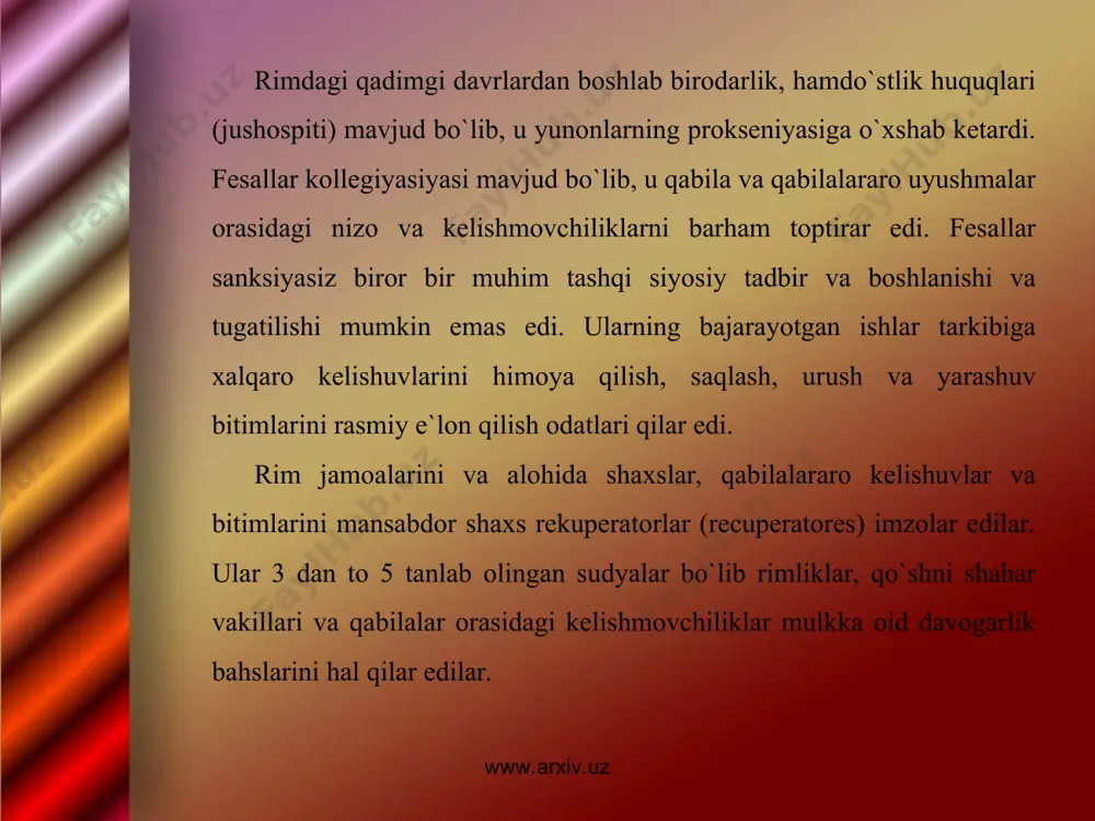 i. respublika davrida esa bu huquq senatga o`tdi. elchilar legatalar va oratorlar deb atalar edilar. elchi shaxsi urf – odatlar va qonun tomonidan himoya qilinar edi. elchixonlarning maqsadlari har xil edi, urush e`lon qilish va tinchlik bitimlarini imzolash, tobe etilgan provensiyalar bilan shartnomalar tuzish, to`qnashuv va ziddiyatlarni tretey usuli bilan barham toptirish va diniy qarama – qarshiliklarga barham berishdan iborat edi. www.arxiv.uz www.arxiv.uz sentda faqat elchilar yuborish huquqi wmas balki, ularni qabul qilish huquqi ham berilgan edi. rimga kelgan chet el davlatlarining elchilari 2 kategoriyaga bo`linar edi: o`zaro dushman davlatlar elchixonalari va hamdo`st davlat elchixonalari. rimda davlatni boshqarish huquqi nuqtai nazarida har bir shahar (munisiliy) va mayday bo`laklar ham mustaqil sioyisy gavda sifatida namoyon bo`lib, huddi davlat ichidan ya`ni bir davlat sifatida mavjud edi. bu mustaqillikning elchixona huquqi bo`lib (juslegationis) ifodalanar edi. kech antik davr xalqaro munosabatlar sistemasida ichki diplomatiya o`ziga xos xususiyatga ega edi. rim imperiyasi davrida ichki diplomatiya …