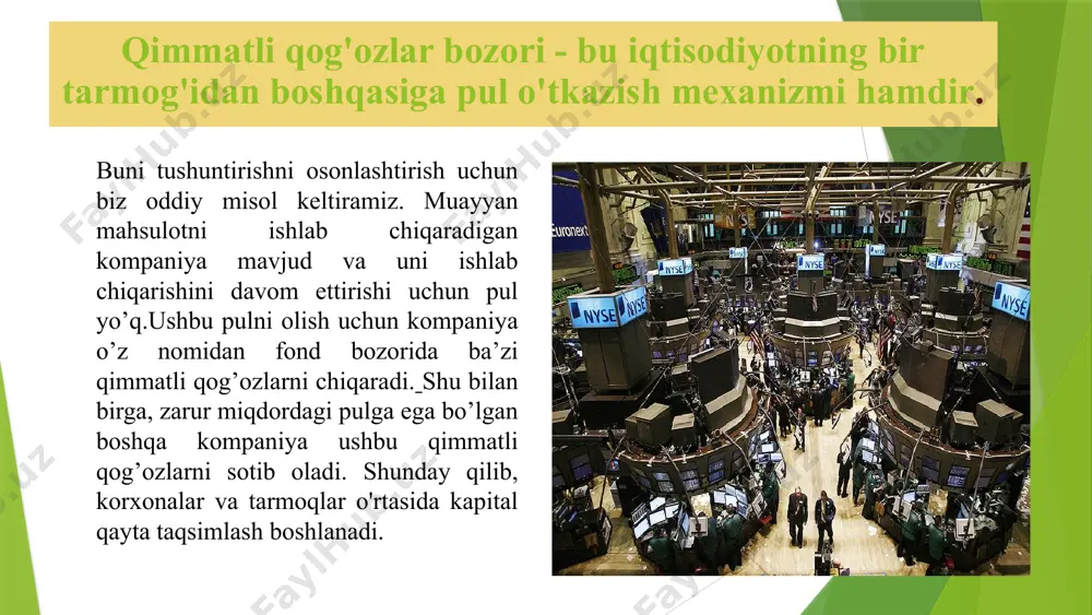 va shartsiz majburiyatini aks ettiruvchi veksellar; cheklar chek – bu chekda ko'rsatilgan summani bankdan to’lovchining so'zsiz buyrug'isiz to’lashni o'z ichiga olgan qimmatli qog'oz . cheklar quyidagi turlarga bo'linadi : ro’yxatdan o’tgan buyurtma tashuvchi chek egasi kim- chek beruvchining o'zi bankda ma’lum pul mablag'lariga ega bo'lishi, cheklarni berish orqali pul mablag’larini boshqarish huquqiga ega bo'lgan yuridik yoki jismoniy shaxs bo'lib. investitsion paylar bu ro'yxatdan o'tgan xavfsizlik hujjati bo'lib, uning egasi investitsiya fondini tashkil etadigan mol-mulkka egalik qilish huquqidagi ulushini, boshqaruv kompaniyasidan investitsiya fondining ishonchli boshqaruvini talab qilish huquqini, investitsiya aksiyalarining barcha egalari bilan o'zaro investitsiya fondining ishonchli boshqaruv shartnomasi bekor qilinganda pul kompensatsiyasini olish huquqini tasdiqlaydi. har bir investitsiya birligi kapital investitsiya fondini tashkil etadigan mulkka umumiy egalikdagi teng ulushni va bir xil huquqlarni tasdiqlaydi. investitsion paylar nominal qiymatiga ega emas . bitta egaga tegishli bo'lgan investitsiya birliklari soni kasr son sifatida ifodalanishi mumkin. investitsiya fondini muddati tugaganidan keyin investitsiya bo'linmalari …
