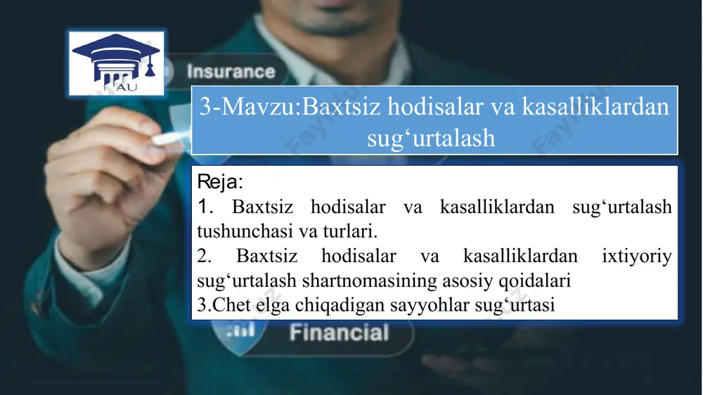qotishi doimiy mehnatga layoqatlilikni to‘liq yo‘qotish xavfi – bu sug‘urtalangan shaxsning sug‘urta davrida baxtsiz hodisa natijasida sodir bo‘lgan, sug‘urta davrida yoki ushbu baxtsiz hodisa sodir bo‘lganidan bir yil o‘tgach yuzaga kelgan umumiy mehnatga layoqatlilikning to‘liq doimiy yo‘qotishi i, ii guruh nogironligi xavfi – sug‘urta davrida sodir bo‘lgan, sug‘urta davrida yoki ushbu hodisa sodir bo‘lganidan bir yil o‘tgach ushbu kasallik tashxisi qo‘yilgan baxtsiz hodisa yoki kasallik natijasida sug‘urtalanuvchiga i, ii guruh nogironligini belgilash kasbiy mehnat qobiliyatini yo‘qotish xavfi – yuqoridagi voqealarning sodir bo‘lishi natijasida yuzaga kelgan ma’lum darajada kasbiy mehnat qobiliyatini yo‘qotish; jarrohlik amaliyotini o‘tkazish xavfi – sug‘urtalanuvchida baxtsiz hodisa yoki kasallik natijasida jarrohlik amaliyotini o‘tkazish sug‘urta davri bo‘yicha qisqa muddatga uzoq muddatga professional sportchi bir oy davom etadigan musobaqa paytida yuz beradigan jarohatlardan sug‘urtalanadi. bir yillik sug‘urta shartnomasi tuzgan avtomobil haydovchisi, bunda u yil davomida sodir bo‘lishi mumkin bo‘lgan avtohalokatlarda sug‘urta himoyasini oladi. shartnomaga hayot sug‘urtasi ham qo‘shilishi mumkin. keling …