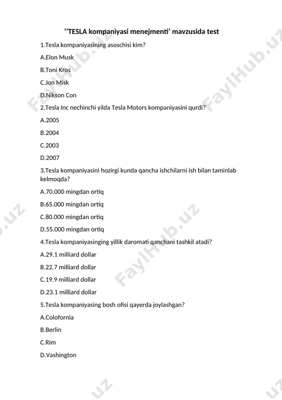 ard dollar d.330 milliard dollar 14.tesla raxbari elon musk yana qanday kompaniya egasi? a.telegram b.x c.instagram d.pubg 15.tesla kompaniyasini nomi kimning sharafiga qo’yilgan? a.elon musk b.jorj vashington c.nikola tesla d.albert joni