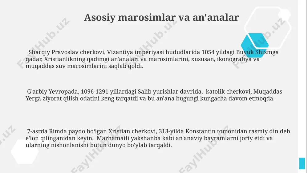 rtiq mamlakatida, shu jumladan, aqsh, braziliya va filippinda katta jamoalarni tashkil qiladi. ko'plab zamonaviy xristian cherkovlari, masalan, pentekostal cherkovlari, yangi avlodga moslashish uchun texnologiyalarni, jumladan, onlayn xizmatlar va ijtimoiy tarmoqlarni faol qo'llaydi. e'tiboringiz uchun rahmat @taqdimot_robot