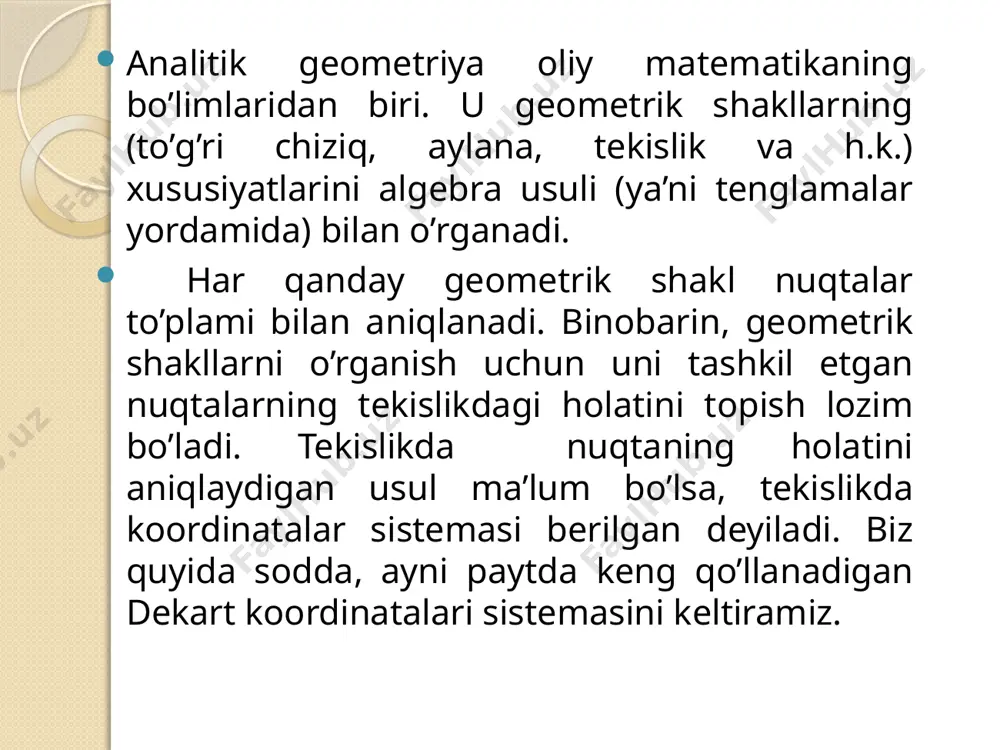 esmada shunday c nuqtani topish kerakki, ac kesmaning cb kesmaga nisbati berilgan songa teng bo’lsin: ac/bc= izlanayotgan s nuqtaning koordinatalarini x va y deylik: c (x; y) demak, ab kesmani berilgan nisbatda bo’luvchi c nuqtaning x va y koordinatalari x=(x1+x2)/ (1 +  ) , y = (y1+  y2)/ (1 + ) (2) formulalar bilan topiladi. xususan, c(x ; y) nuqta ab kesmani teng ikkiga bo’luvchi nuqta bo’lsa, (ab=cb), u holda ac/cb==1 bo’lib, c nuqtaning koordinatalari (2) formulaga ko’ra x=( x1 + x2 )/ 2 , y =( y1 +y2 )/ 2 bo’ladi. кesmani berilgan nisbatda bo’lish. ma’lumki, o’rta maktab matematika kursida ba’zi bir tekis shakllar - uchburchak, trapesiya, doira va h.k. ning yuzaga ega bo’lishi va ularning yuzlarini topish bilan shug’ullanilgan edi. endi uchburchaklarning yuzini koordinatalar usuli bilan topamiz. faraz qilaylik, tekislikda abc  berilgan va bu uchburchak uchlarini koordinatalari mos ravishda a(x1;y1), b(x2;y2), c(x3;y3) bo’lsin. abc uchburchakni …