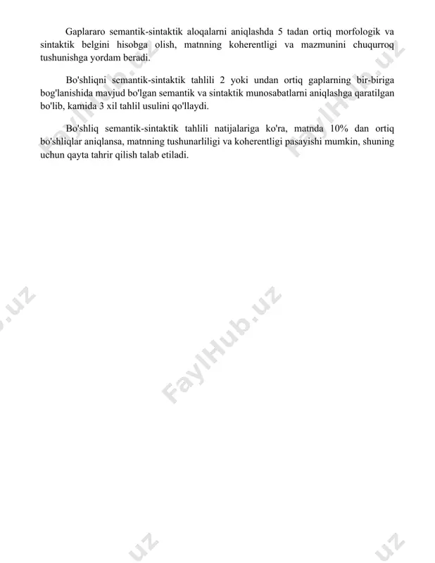 ashga qaratilgan bo'lib, kamida 3 xil tahlil usulini qo'llaydi. bo'shliq semantik-sintaktik tahlili natijalariga ko'ra, matnda 10% dan ortiq bo'shliqlar aniqlansa, matnning tushunarliligi va koherentligi pasayishi mumkin, shuning uchun qayta tahrir qilish talab etiladi. 📌xulosa синтактик стилистика матннинг грамматик тузилишини бадиий таъсир воситаси сифатида ўрганади ва шакл ва мазмун ўртасидаги муносабатларни очиб беради. унинг таҳлили асарнинг услубий хусусиятларини аниқлашга ёрдам беради. 📚foydalanilgan adabiyotlar 1. leech, g. (1969). a linguistic guide to english poetry. london: longman. 2. short, m. (1996). exploring the language of poems, plays and prose. london: longman. 3. simpson, p. (2004). stylistics: a resource book for students. london: routledge. 4
