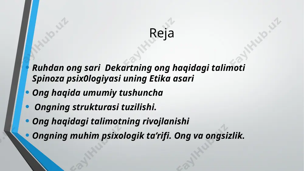 a xulq (faoliyat) birligi printsipi asosida ong va faoliyatning tarixiy buzilgan aloqasi tiklanmoqda. хar qanday boshqa fanda bo’lganidek psixologiya ham murakkab, qarama-qarshiliklarga to’la, ba’zan, turg’unlik, ba’zan voz kechilgan fikrlarga qaytish kabi bosqichlarni bosib o’tgan. psixika voqelikning kishi miyasida aksi sifatida har xil darajalar bilan farqlanadi. psixikaning odamga xos bo’lgan oliy darajasi ongni tashkil etadi. ong psixikaning uni yaxlit bir holga keltiruvchi shakli bo’lib kishining mehnat faoliyatida, boshqalar bilan til yordamida muloqot qilish jarayonida shakllanishini ijtimoiy tarixiy shart-sharoitlari natijasi hisoblanadi. shu ma’noda ong marksizm klassiklarining ta’kidlashicha ijtimoiy mahsul bo’lib anglagan borliqdan buyuk boshqa narsa emasdir. rene dekart (1598-1660) fransuz matematigi, tabiatshunos va faylasufi dekartning ismi bilan psixologiya tarixidagi g'oyat muhim bosqich boshlanadi. aynan, u o'zining ong haqidagi ta’limoti bilan aristotelning ruh haqidagi ta’limotidan psixika to'g'risidagi tushunchalaming ajralib chiqishi uchun asos yaratdi. u avtomat kabi mexanik ishlovchi organizm modelini tanlaydi va u bilan o'sha kunlargacha ruh bilan boshqariluvchi bo'lib hisoblangan tirik tanani …