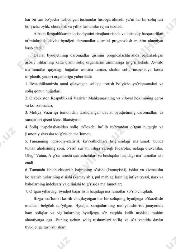 hart. soliq to’lovchilar davlat oldidagi o’z majburiyatlarini to’laqonli ravishda bajarishlari lozim, ya’ni ular o’z xo’jalik faoliyatida ishlab chiqarishni to’g’ri yo’lga qo’yishi orqali moliyaviy ahvolini yaxshilashlari xo’jalik operatsiyalarini buxgalteriya hisobi va hisobotlarida to’g’ri aks ettirishlari va nihoyat soliqlarning to’g’ri hisoblanishi hamda byudjetga o’z vaqtida to’lashlari ustidan nazoratni yo’lga qo’yish maqsadga muvofiqdir. kelgusi yil uchun prognoz ishlari joriy yilning 1 oktyabridan kechiktirmay hisoblab chiqilishi lozim, chunki kelasi yil uchun byudjetning daromadlar va xarajatlar loyihasi uchun bu ko’rsatkichlar asos bo’lib xizmat qiladi. prognozlashtirish ishlarini amalga oshirishda quyidagi hisobotlardan foydalaniladi: · vazirliklar, tarmoqlar, korxona va tashkilotlarning hisobotlaridan; · davlat soliq qo’mitasini soliq to’lovchilar uchun byudjet to’lovlari bo’yicha yuritgan shaxsiy varaqalari ma’lumotlaridan va buxgalteriya balanslarini va soliq hisoblarini tekshirish natijalaridan; · aktsiz solig’i bo’yicha aktsiz solig’i to’lovchi korxonalar tomonidan taqdim etilgan ma’lumotlardan; - yuridik shaxslarning daromad (foyda) solig’i, jismoniy shaxslarning ish haqidan daromad solig’i, shu jumladan jismoniy shaxslarning tadbirkorlik faoliyatidan olinadiganlar daromadlaridan soliqlar bo’yicha ma’lumotlar …