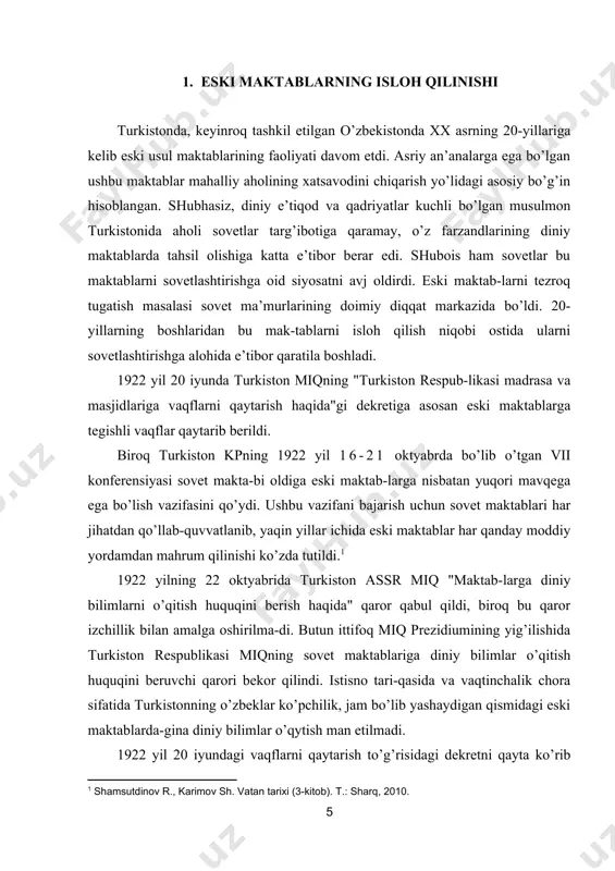 am-korlikda yangi dastur talablariga javob beruvchi o’qituvchilarni tayyorlash; g) mulla, xatib, qozi, muftiylarni inqilobiy ruhda kamolotga yetkazish; d) mutaassiblik va boshqa mayda eskilik sarqitlariga asoslangan madaniy qatlamlarga qarshi jurnallar nashr etish; ye) o’quv-tarbiyaviy tavsifga ega bo’lgan va hayotga tatbiq qilinayotgan tadbirlar maorif xalq komissarligi mas’ul bo’limlari bilan kelishilgan holda o’tkaziladi". uyezd-shahar vaqf bo’limlari uchta kichik bo’limlarga ajratilgan: diniy vaqflar, tashkiliy-axborot, moliyaviy-xo’jalik. diniy vaqflar - masjid, mozor, qorixonalar vaqflaridan tu​shayotgan daromadlarni madrasa va maktablarni isloh qilish, ta’mirlash, yangi usul maktablari qurilishi uchun sarflashga yo’naltiradigan bo’lim edi. "nizom"da: "agar madrasa bosh vaqf boshqarmasi dasturini qabul qilmasa, vaqf manbalaridan foydalanmaydi", - deb ko’rsatilgan edi1. tashkiliy axborot bo’limi o’z oldiga ko’pgina vazifalar bilan bir qatorda "eski maktab, madrasalarni bosh vaqf boshqar-masi ko’rsatmalariga asosan isloh qilish; j) isloh qilingan yangi usul maktab va madrasalarga o’qituvchilar, mudarrislarni tayinlash; z) xalq ta’limi bo’limi bilan hamkorlikda o’qituv-chi, mudarrislar uchun zamonaviy o’quv kurslarini tashkil etish; i) maorif xalq komissarligi …