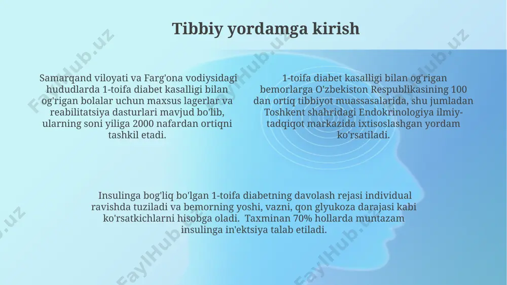 , 35-45 yosh oralig'idagi diabet bilan og'rigan shaxslar uchun kuniga 4-6 marta qon shakarini o'lchash va insulin in'ektsiyalarini rejalashtirish optimal hisoblanadi. kasallikning sabablari 1-toifa diabetga chalinish xavfini oshiruvchi genetik omillar mavjud bo'lib, ularning 25 dan ortiq turi dunyo bo'ylab, shu jumladan, o'zbekistonda ham aniqlangan. bu genlar immun tizimining funksiyasiga ta'sir ko'rsatishi mumkin. immun tizimining o'ziga xos hujayralari (t-hujayralari) beta-hujayralarni, ya'ni insulin ishlab chiqaruvchi hujayralarni xato bilan hujum qilishi va yo'q qilishi natijasida 1-toifa diabet rivojlanadi. bu jarayon 10 yoshgacha bo'lgan bolalarda tez-tez uchraydi. kasallikning rivojlanishiga atrof-muhit omillari, masalan, ayrim virusli infektsiyalar (masalan, koksaki virusi) hamda muayyan geografik hududlarda (masalan, shimoliy amerika) yashash kabi omillar ham sabab bo'lishi mumlik. insulin terapiyasi insulinga bo'lgan ehtiyoj har bir bemor uchun individual bo'lib, masalan, 10 birlikdan 50 birlikgacha yoki undan ham ko'proq farq qilishi mumkin, bu esa bemorning yoshi, vazni va jismoniy faolligiga bog'liq. jahon sog'liqni saqlash tashkiloti ma'lumotlariga ko'ra, 2023 yil holatiga ko'ra, …