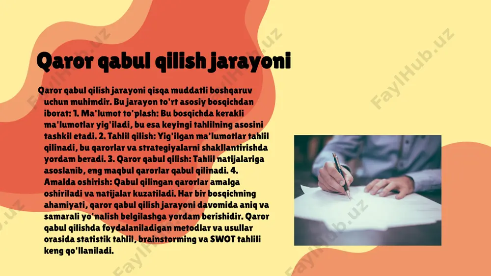 i ta'minlaydi. - ular samaradorlikni oshiradi va raqobatbardoshlikni ta'minlaydi. qaror qabul qilish jarayonining bosqichlari qisqa muddatli boshqaruv qarorlarini qabul qilish jarayoni uchta asosiy bosqichdan iborat: 1) ma'lumot yig'ish, 2) tahlil va baholash, 3) qaror qabul qilish. har bir bosqichda muhim amaliyotlar mavjud. 1. ma'lumot yig'ish: qaror qabul qilish jarayoni uchun zarur bo'lgan ma'lumotlarni to'plash. bu bosqichda jamoa a'zolari muhim ma'lumotlarni aniqlashadi. 2. tahlil va baholash: yig'ilgan ma'lumotlarni tahlil qilib, turli variantlarni baholash. bu bosqichda har bir variantning afzalliklari va kamchiliklari ko'rib chiqiladi. 3. qaror qabul qilish: eng maqbul variantni tanlash va amalga oshirish uchun reja tuzish. bu bosqichda qaror qabul qilinadi va keyingi amallar belgilangan bo'ladi. ma'lumot yig'ish ma'lumot manbalari qaror qabul qilish jarayonida ma'lumotlarni to'plash uchun bir nechta manbalar mavjud. ular ichida birinchi navbatda ichki ma'lumotlar, ya'ni tashkilotning o'zidan olingan statistikalar va hisobotlar, shuningdek, tashqi ma'lumotlar usullar va metodlar ma'lumot yig'ish usullari turli xil bo'lishi mumkin. ular orasida so'rovlar, …
