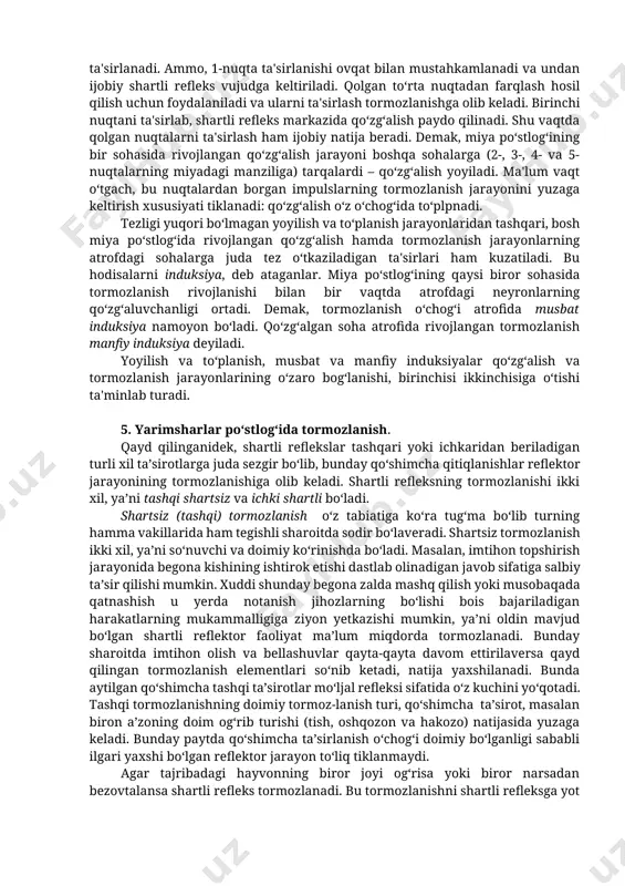 rib olish uchun qaytadan davomli mashqlar qilmoq kerak. yana dinamik stereotip ancha turg‘un va uzoq saqlanadigan holat, shuning uchun ham velosipedda yoki konkida yurish uzoq yillar davomida amalda oshirilmagan bo‘lsa ham esdan chiqmaydi. dinamik stereotipning yuzaga kelish mexanizmi asosida miya yarimsharlar po‘stlog‘i va po‘stloq osti yadrolari orasida hosil bo‘ladigan vaqtincha bog‘lanish yotadi. tabiiy sharoitda odatlanishlar, o‘z-o‘zidan bajariladigan xatti-harakatlarning shakllanishi dinamik stereotipga bog‘liq. 4. miya po‘stlog‘ida irradiatsiya (yoyilish) va konsentratsiya (to‘planish) jarayonlari, musbat va manfiy induksiya. markaziy nerv tizimiga xos bo‘lgan qo‘zg‘alish va tormozlanish jarayonlari miya po‘stlog‘ida rivojlangan joydan qo‘shni hujayralarga tarqalib, ularni ham shartli reflektor faoliyatiga tortadi. bu hodisa yoyilish yoki irradiatsiya, deb ataladi. jarayonlarning yoyilish darajasi ko‘p jihatdan miya po‘stlog‘ining faollik holatiga bog‘liq bo‘lib, avval qo‘zg‘alish yoki tormozlanish o‘chog‘iga yaqin sohalarga, keyin uzoqroqdagi sohalarga tarqaladi. qo‘zg‘alish va tormozlanish jarayonlarining yoyilishi qonuniyatlari o‘z vaqtida i.p.pavlov laboratoriyasida klassik shartli reflekslar usuli yordamida o‘rganilgan. it keyingi oyog‘ining 5 nuqtasi shartli signal – …