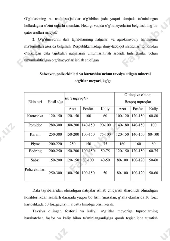 itlar meyorini balans usulida aniqlash. rejalashtirilgan hosil uchun o‘g‘itlar meyorini hisoblashlar yo‘li bilan ham aniqlash mumkin. mazkur usul asosida hosilning shakllanishi uchun sarflanadigan oziq elementlari hamda tuproqva o‘g‘ittarkibidan o‘zlashtiriladigan oziq elementlari miqdorini taqqoslash yotadi. ma’lum bir miqdordagi hosil bilan tuproqdan o‘zlashtirib ketiladigan oziq moddalarining miqdori doimiy bo‘lmasdan, ekinlarni yetishtirish sharoitlariga bog‘liq ravishda o‘zgaradi. shuning uchun hisoblash ishlarida o‘zlashtirilib ketiladigan oziq elementlari miqdorini belgilash uchun xo‘jalikda yoki unga yaqin ilmiy muassasalarda olingan ma’lumotlardan foydalanish maqsadga muvofiqdir. go‘ng va mineral o‘g‘itlar tarkibidagi azot, fosfor va kaliyning o‘zlashtirilish koeffitsiyentlari ham ekin turi, tuproq-iqlim sharoitlari, o‘g‘itlarni qo‘llash dozasi, muddati va usullari ta’sirida sezilarli darajada o‘zgaradi. o‘g‘it meyorini belgilashda albatta o‘g‘it ishlatilmagan sharoitda shakllanadigan hosil miqdori yoki shu davrgacha qo‘llanilib kelinayotgan o‘rtacha o‘g‘it meyori aniq bo‘lishi kerak. rejalashtirilgan hosil uchun o‘g‘itlar meyorini hisoblashda tuproqtarkibidagi harakatchan shakldagi oziq elementlarining olib chiqib ketiladigan qismi ham hisobga olinadi. lekin, tuproqdagi harakatchan oziq elementlaridan foydalanish koeffitsiyenti doimiy kattalik bo‘lmasdan …