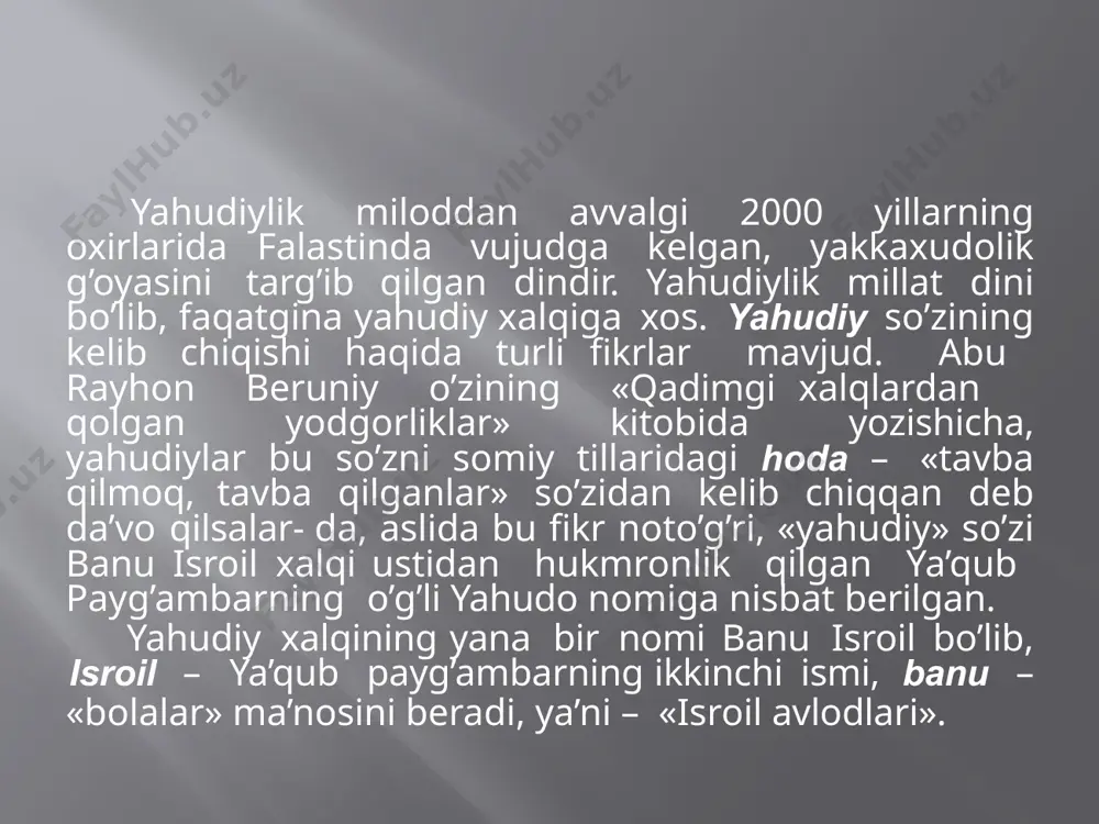 a bo’linadi: «borliq» yoki «ibtido»; «chiqish»; «levit»; «sonlar»; «ikkinchi qonun». ibtido (borliq) musoning besh kitobi chiqish loviy sonlar ikkinchi qonun tarixiy kitoblar ilohiy yozuvlar (“ketubim”) payg’ambarlar kitoblari (“neviim”) buyuk payg’ambarlar kichik payg’ambarlar qadimgi ahd yahudiylar falastindan assuriya quvg’inlari paytida – mil. avv. viii-vi asrlarda eronga ko’chib kela boshlaganlar. erondan o’rta osiyoga esa taxminan mil. avv. v-iii asrlarida ko’chib kelgan. samarqand va buxoroda yahudiylik diniga e’tiqod qiluvchi yahudiylar yashay boshlaganlar. markaziy osiyoda yashayotgan (hozirgi kunda kam qolgan) yahudiy dindorlari orasida asosan ortodoksal shakldagi iudizm mavjud va ular shartli ravishda etnik ko’rinishlar tartibiga muvofiqto’rt xil: yevropalik, buxoro, gruzin, tog’li yoki tat yahudiylariga bo’linadi. mil. av. ikkinchi ming yillik o’rtalarida hindistonning shimoli-g’arbiy qismiga, hozirgi panjob hududiga g’arbdan hindikush dovoni orqali o’zlarini oriylar deb atalgan jangari xalqlar bostirib kela boshladilar. bu xalqlar eronga ko’chib kelgan qo’shni qabila tillariga juda yaqin bo’lgan, hind- yevropa tillaridan kelib chiqqan tilda gaplashar edilar. harbiy jihatdan katta mahoratga ega …
