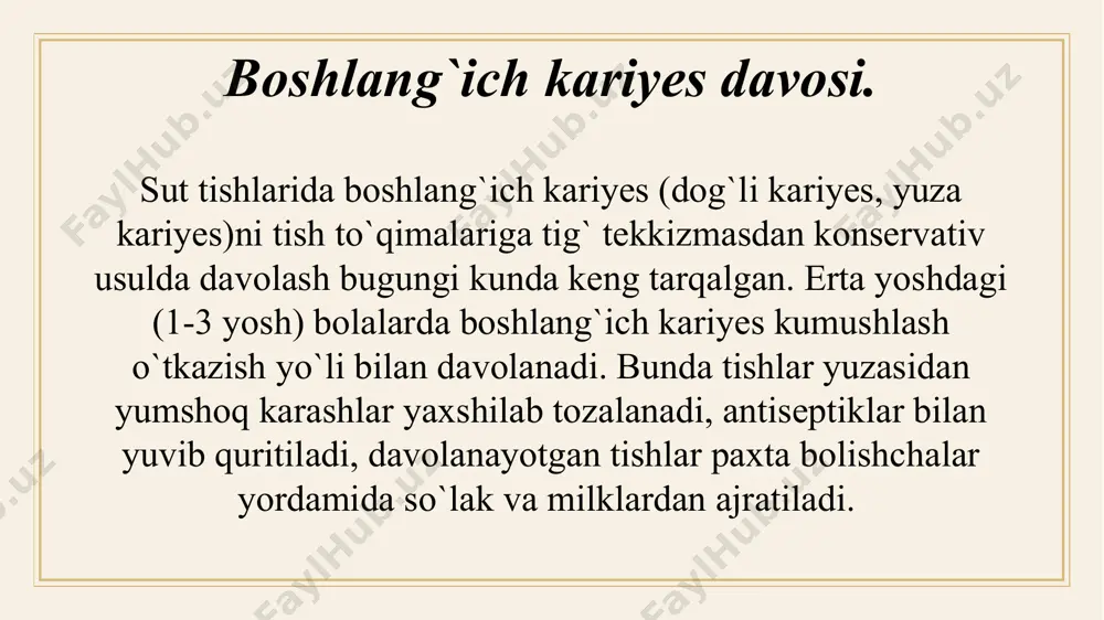 toridining kristallari hosil bo`ladi. shu bilan birgalikda polimer holatiga kelgan silikat kislotasi ham hosil bo`ladi. kaltsiyli va magniyli kristallar uzoq vaqt mobaynida (1 yildin oshiq vaqt ichida) erkin ftor elementlarini ion shaklida ajratib, yuqori konsentratsiya hosil qiladi va remineralizatsiya jarayonini to`liqligicha amalga oshirishga sharoit yaratadi. o`rta va chuqur kariyesini davolash. i sinf kariyesni davolash. ii sinf kariyesini davolash. iii sinf kariyesini davolash iv sinf kariyesini davolash. v sinf kariyesini davolash. og`ir darajali kariyesni davolash. i sinf kariyesni davolash. i sinf kariyes kovagini plombalashda eng yaxshi to`ldirgich bo`lib bugungi kunda shishaionomerli(glassionomerli) sementlar hisoblanadi. bunda kariyes kovagining tubiga taglik qo`yish shart emas. shu sinfga mansub kariyes kovaklarini ajratuvchi taglik qo`yib, belodont(belodont) sementidan gayyorlangan plomba bilan plombalash ham maqsadga muvofiqdir. ii sinf kariyesini davolash. bunda kichik va katta oziq tishlarning birbiriga tegib turgan (kontakt, aproksimal) yuzalari shikastlanadi. doimiy tishlarda bu xil shikastlanish birmuncha keyinroq (10- 12 yoshdan boshlab), fissur kariyesidan keyin qayd etiladi. …
