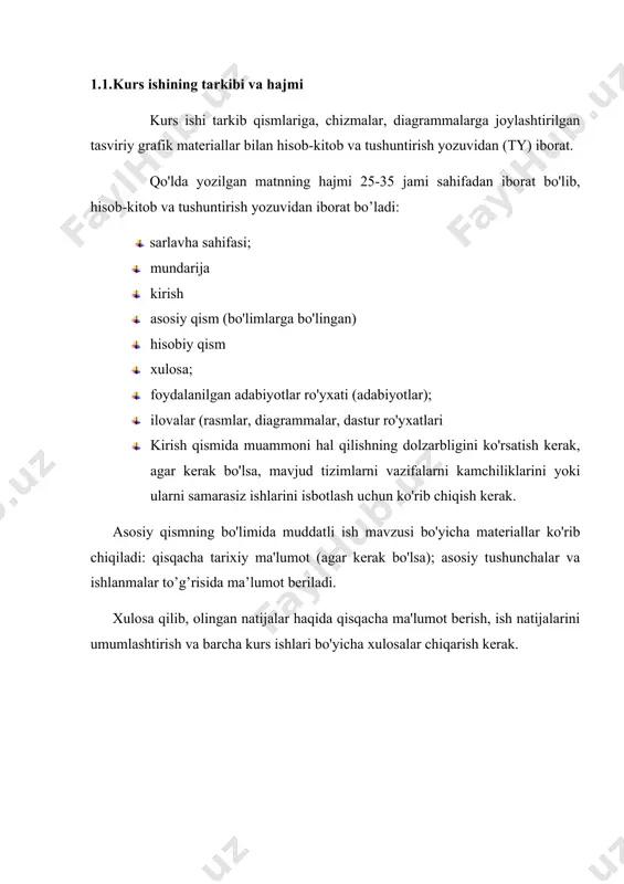 otosuratlar va boshqalar) bo'lishi mumkin. loyihada joylashtirilgan rasmlar soni uning mazmuniga qarab belgilanadi va matnga tartibli va aniqlik berish uchun etarli bo'lishi kerak. ular ish matnida ularga murojaat qilingandan so'ng darhol joylashtiriladi. yozuv varaqning o'rtasiga tekislanadi, kursiv bilan yozilgan va rasm ostida joylashgan. kurs ishiga joylashtirilgan raqamli material, jadval ko'rinishida chiqarish tavsiya etiladi. jadvallar varaqqa rasmlar singari joylashtirilishi kerak. har bir jadvalga o'tish raqami va imzo qo'shiladi. jadval sarlavhasi birinchi satrni ko'rsatmasdan varaqning chap chetiga tekislanadi, kursiv bilan yoziladi va jadvalning tepasida joylashgan. no.,%, +, -, , = va hokazo belgilar faqat sonli qiymatlar uchun ishlatilishi kerak. matnda bu belgilar so'zlar bilan yozilishi kerak. hisob birliklari va fizik kattaliklarni o'lchash birliklarining harf belgilari matnda faqat bo'sh joy bilan ajratilgan sonli qiymatlar bilan qo'llaniladi (masalan: 5 dona, 10 mb). matematik belgilarning belgilari +, -, , =, ,:, / ikkala tomondan bo'sh joylar bilan ajratilgan. masalan: a + b = c, d …