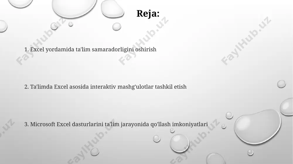 ik ko'nikmalarini 15% ga oshirishga yordam beradi. microsoft excel jadvallari yordamida o'quvchilar matematik muammolarni, masalan, 100 gacha bo'lgan sonlar bilan amal bajarish yoki statistik ma'lumotlarni tahlil qilishni osongina o'rganishlari mumkin, bu esa ularning matematik savodxonligini oshiradi. ma'lumotlarni tahlil qilish va modellashtirish grafiklar va diagrammalar yordamida (masalan, 2d va 3d ustun diagrammalari) o'quv natijalarini vizual ravishda taqdim etib, 5 ta turli fan bo'yicha taqqoslash imkoniyati yaratiladi. excel yordamida 1000 talik ma'lumotlar bazasini tahlil qilib, o'quvchilarning o'zlashtirish ko'rsatkichlarini regressiya tahlili orqali modellashtirish mumkin. pivot jadvallaridan foydalanib, 100 nafar o'quvchining test natijalarini yoshi, jinsi va maktabiga ko'ra guruhlash va o'rtacha ballarni hisoblash mumkin. diagramma va grafiklarni yaratish va talqin qilish excel yordamida 2d va 3d grafiklarni yaratish, ularning turli xil diagrammalar (masalan, ustunli, chiziqli, yoysimon) bilan taqqoslash imkoniyati ta'lim jarayonida ma'lumotlarni vizualizatsiya qilish va tahlil qilish ko'nikmalarini rivojlantiradi. excelda yaratilgan diagrammalar va grafiklarni tahlil qilish orqali o'quvchilar statistik ko'rsatkichlarni, masalan, o'rtacha qiymatlarni, standart …