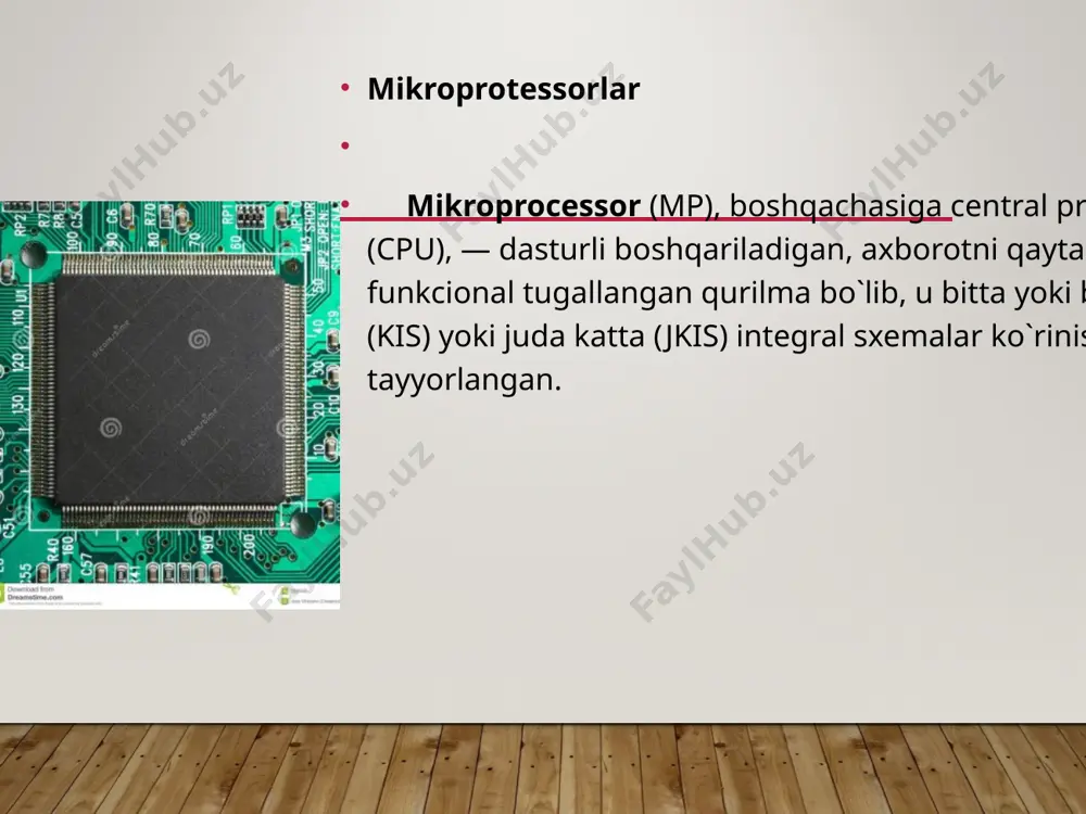 c; chastotani yanada ortgarish u vaqtda mp uchun ma`noga еga еmas еdi, chunki ko`pchilik tizimli platalar bunday tezliklarda ishlay olmas еdilar. 486sx modeli dx ga o`xshash, lekin unda soprocessor bloklangan. bu ishlab chiqaruvchiga soprocessorni testlash harajatlaridan xalos bo`lish va shu bilan maxsulot narxini kamaytirishga imkon bergan. 80486dx va undan yuqori mikroprocessorlar ichki chastotasini ko`paytirib ishlashi mumkin. ko`paytirilgan chastota bilan mp ning faqat ichki sxemalari ishlashi mumkin. mp ga nisbatan hamma tashqi sxemalar, shu jumladan tizimli platada joylashganlari ham, oddiy chastotada ishlaydi. 486dx2 — bu 486dx ning ichki ikkilangan chastotali variantidir: masalan, 486dx266 tashqi 33 mgc li chastotaga (tizimli plata ishlaydigan chastota) еga (shu mp li shk 486dx50 li shk ga taxminan o`xshash), lekin periferiya, tizimli plata, 2-darajali kеsh-xotira, asosiy xotira, videokarta va b. sifatiga kamroq qatiy talablar tufayli arzonroqdir. 486dx4 bu 4-avlod mikroprocessoridir (to`rt aynan shuni bildiradi, to`rtlangan chastotani еmas); u dx2 dan ichki kеsh-xotirani 16 kbayt gacha ko`paytirilganligi, uch …