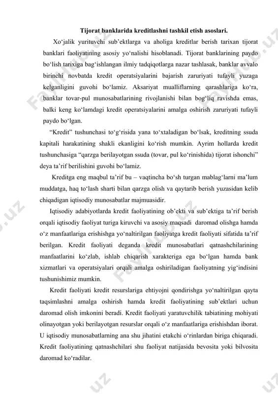 lariga ehtiyojni qondirishga yo‘naltirilgan qayta taqsimlashni amalga oshirish hamda kredit faoliyatining sub’ektlari uchun daromad olish imkonini beradi. kredit faoliyati yaratuvchilik tabiatining mohiyati olinayotgan yoki berilayotgan resurslar orqali o‘z manfaatlariga erishishdan iborat. u iqtisodiy munosabatlarning ana shu jihatini etakchi o‘rinlardan biriga chiqaradi. kredit faoliyatining qatnashchilari shu faoliyat natijasida bevosita yoki bilvosita daromad ko‘radilar. kredit faoliyati barcha manfaatdor taraflarga real foyda keltiradi. qarz oluvchilar ma’lum bir muddatga o‘zlarining tijorat, ishlab chiqarish va boshqa shu kabi manfaatlariga etishish maqsadida yirik pul kapitalidan foydalanish imkoniga ega bo‘ladilar. kreditorlar esa foiz ko‘rinishida daromad oladilar. bundan tashqari, kredit faoliyati ishlab chiqarishga investitsiyaning kirib kelishini rag‘batlantiradi, progressiv tarkibiy siljishlarga turtki bo‘ladi. bugungi kunda kredit iqtisodiyotni makrodarajada tartibga solishning muhim vositalaridan biriga aylangan. u milliy valyuta va baholar barqarorligini, iqtisodiy o‘sishni ta’minlash kabi birlamchi masalalarni hal etishda yordam beradi. shunday qilib, kredit faoliyatini ikki sub’ekt - qarz oluvchi va qarz beruvchi (kreditor)larning bo‘lishini taqazo etadigan amaliyot deyish mumkin. …