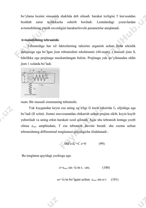 lik yumshok bo’ladi, avtomobilning komfortabelligi esa ortadi. engil avtomobillar uchun fts=100…250 mm. yuk avtomobillari uchun fts=60…120 mm. avtobuslar uchun fts=100…200 mm. avtomobil kup massali sistema bo’lgani uchun uning tebranishi juda murakabdir. qabul qilingan ekvivalent tebranish sistemasi ressoralangan massa t, ressoralanmagan t1, t2 massalar va s1, s2 bikrlikka ega bo’lgan osmalardan, ssh1, ssh2 bikrlikka ega bo’lgan shinalardan hamda ka1, ka2 qarshilikli amortizatorlardan iborat; osma sharnirlari va ressora listlari o’rtasida kuro’q yoki yarim kuro’q, shinalarda esa molekulalararo ishqalanish mavjud. kuzov va o’qlar oltita erkinlik darajasiga ega (uchta chiziqli va uchta burchakli). tebranishga tahsir etuvchi faktorlarnnng kupligi uni analitik usulda tekshirishni juda qiyinlashtiradi, shuning uchun avtomobilning konstro’qtiv faktorlari soddalashtiriladi. avtomobilning ressoralanmagan massalar mikdori ressoralangan massalar mikdorinipg 15...20% ni tashkil qiladi, ressoralar kattikligi esa shinaniqidan 3...7 marta kam. demak, ressoralanmagan massalarning erkin- tebranish chastotasi ressoralangan massalarnikidan katta bo’ladi. shuning uchun ressoralanmagan massalarning kuzov tebranishiga tahsiri xisobga olinmaydi, osmaning elastik elementlari va shina bikrligi esa …